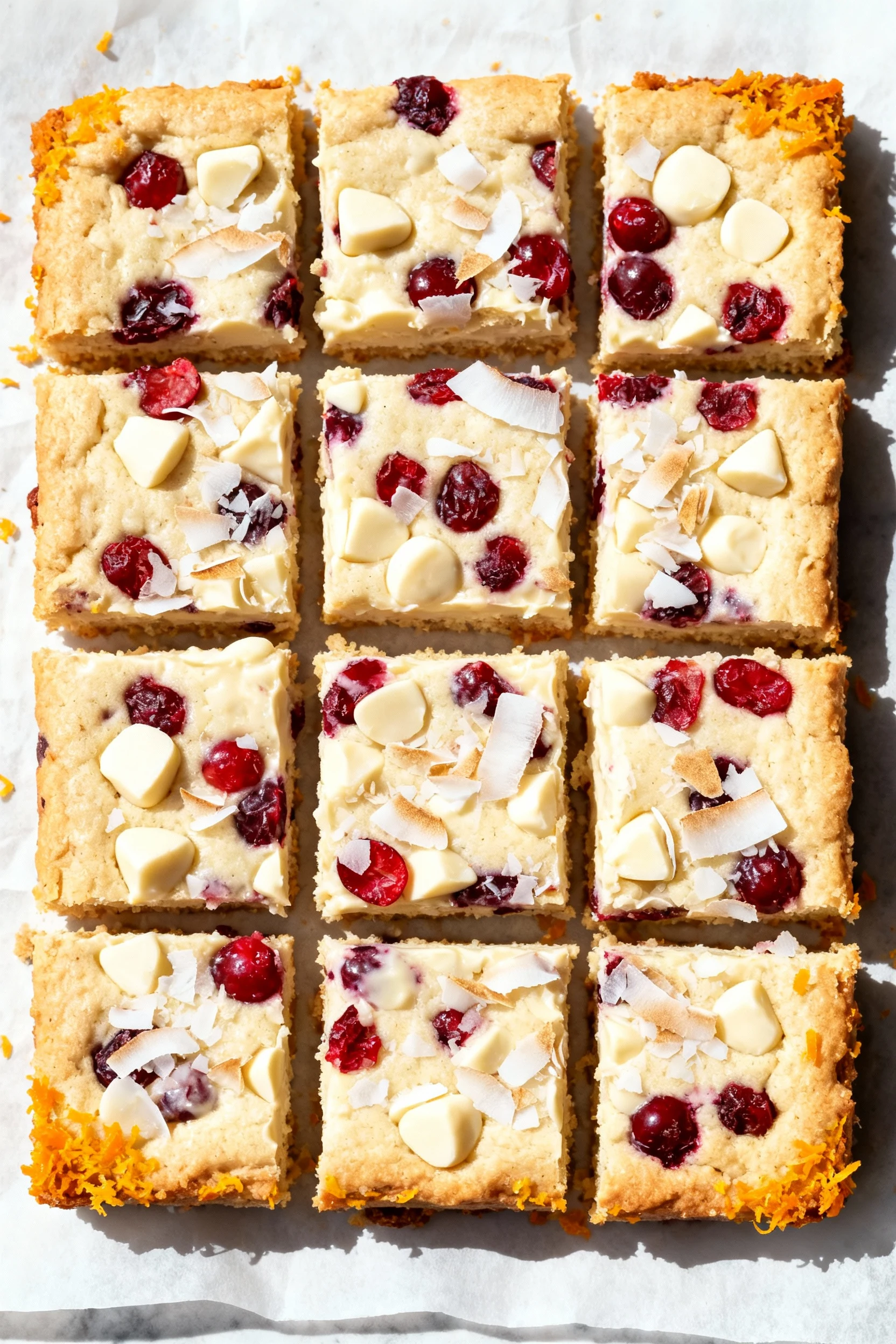 Top-down view of the White Chocolate Cranberry variation—grid of bars on parchment with pops of ruby cranberries, creamy