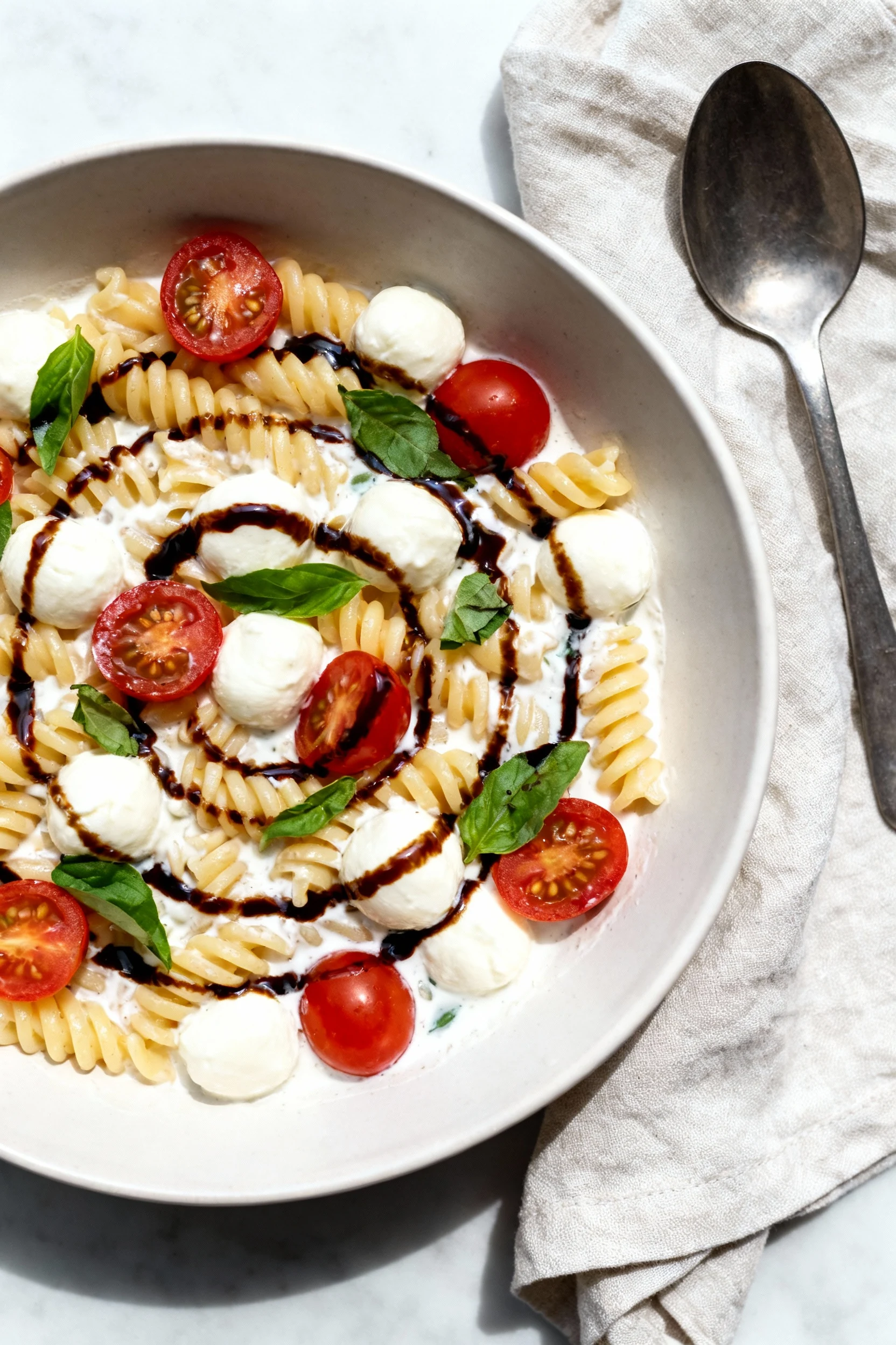 4. Tasty top view: Overhead shot of Caprese macaroni variation—mozzarella pearls gently melted into the pasta, halved ch