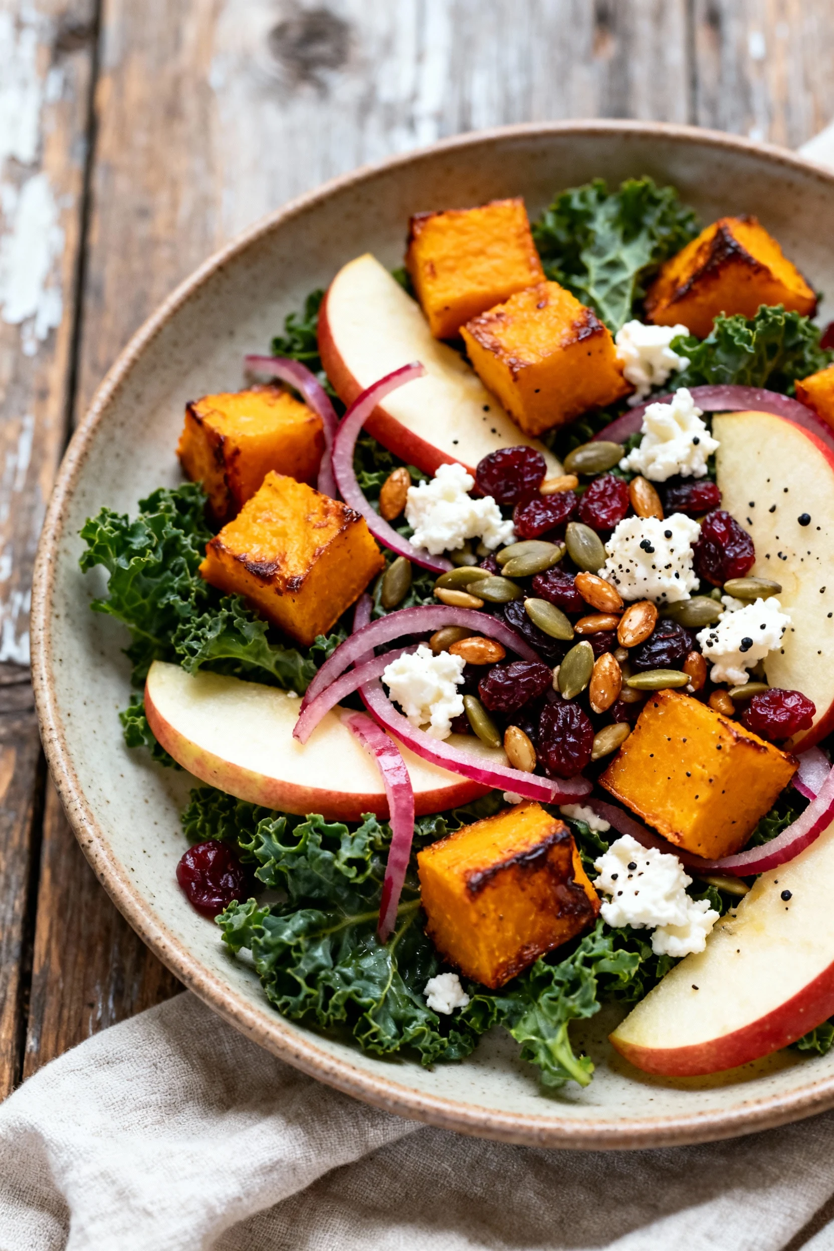 Final dish: restaurant-quality plated portion of autumn salad on matte stoneware—warm roasted squash nestled with cool a