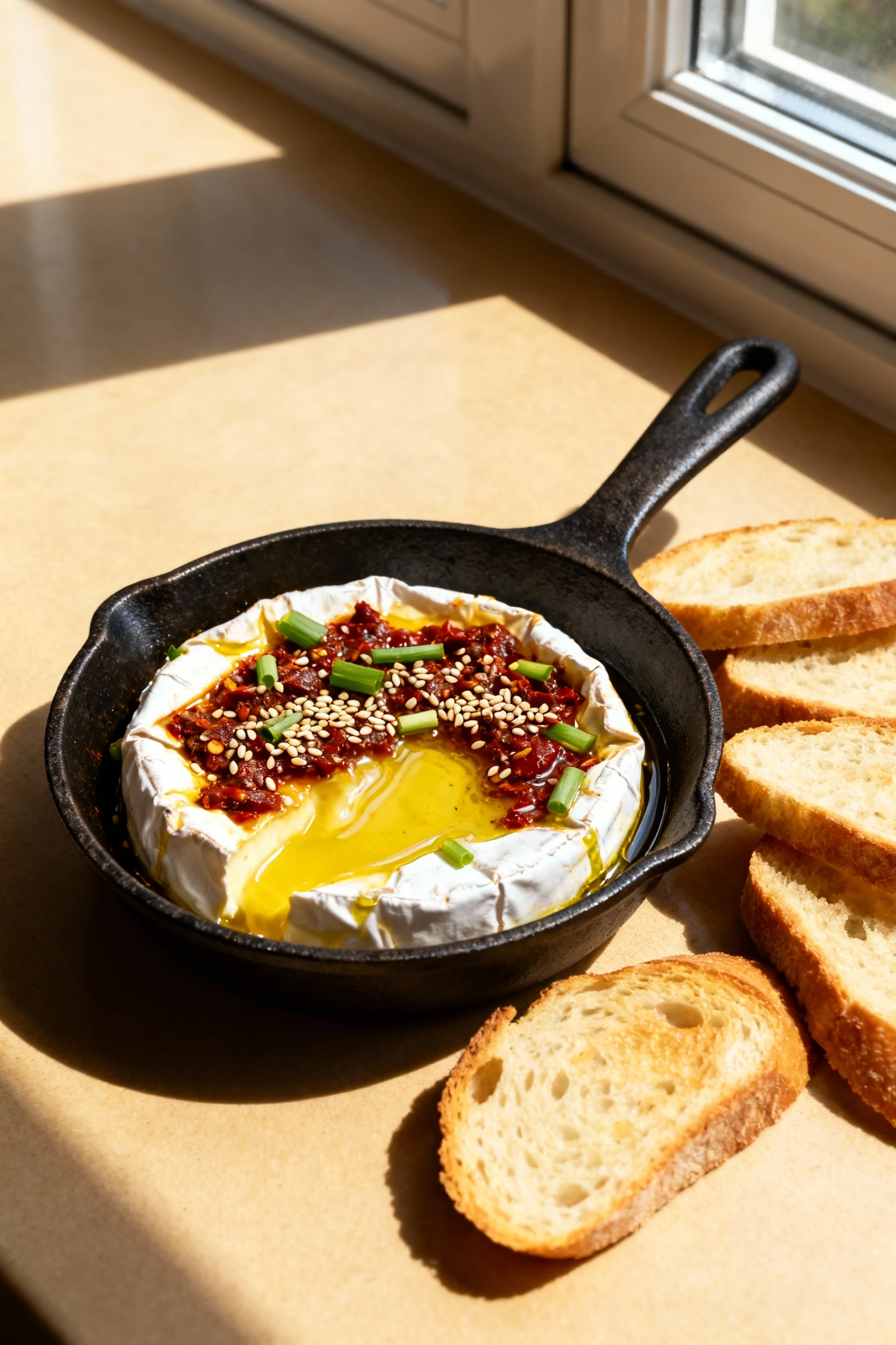 Final savory presentation: chili crisp + scallion baked Brie in a small cast-iron skillet, edges gently slumped with a g