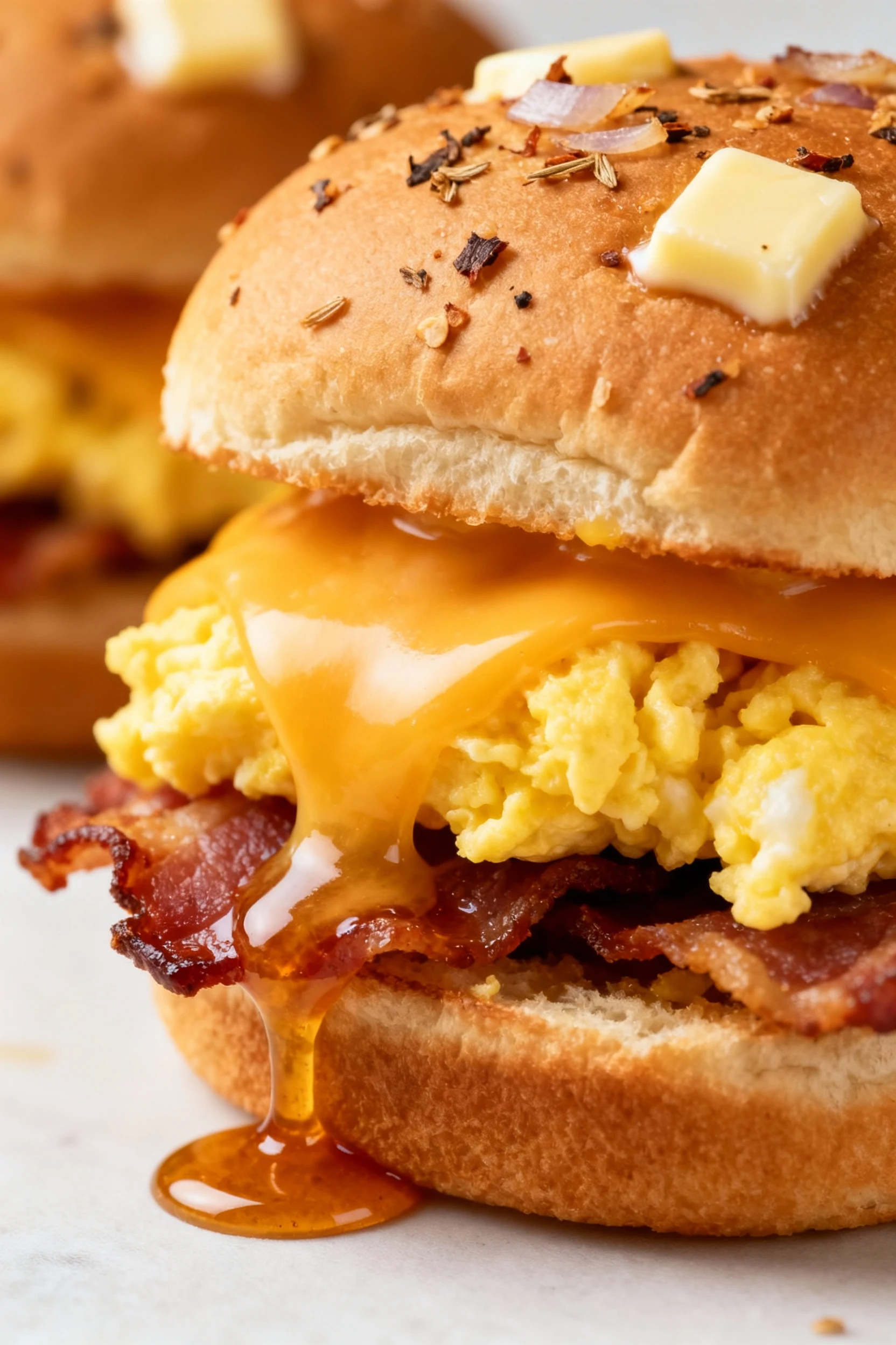 Extreme close-up of breakfast sliders: toasty bottoms, buttery tops flecked with dried onion and pepper, molten cheddar 
