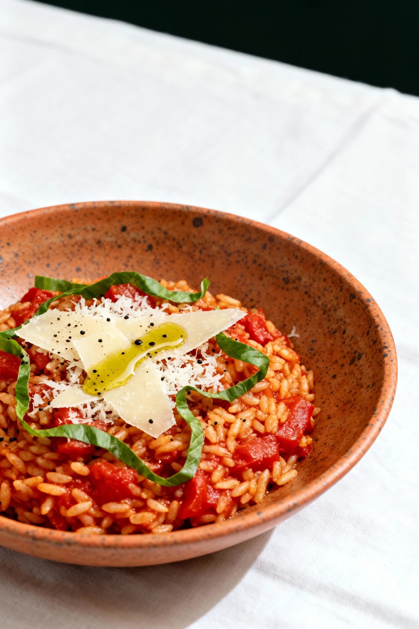 Beautifully plated tomato basil rice in a rustic ceramic bowl: red-hued grains from crushed tomatoes, fresh basil ribbon