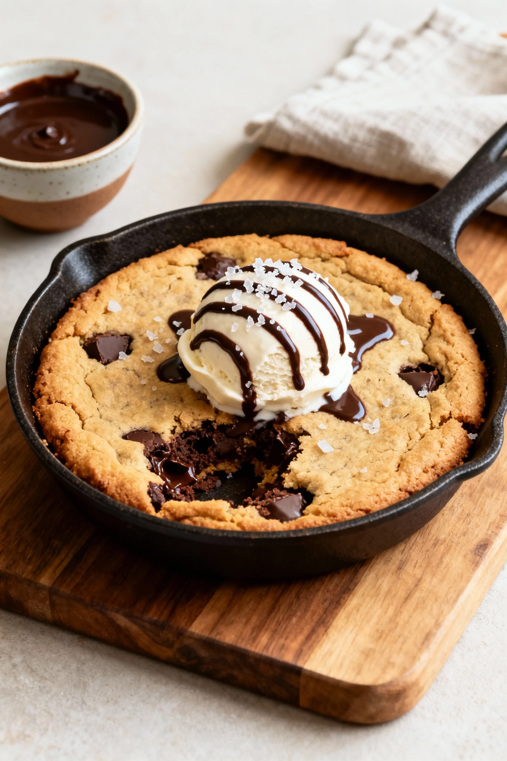 Final dish: Stovetop skillet cookie sundae served straight in the pan, cookie edges golden with a soft center, crowned w