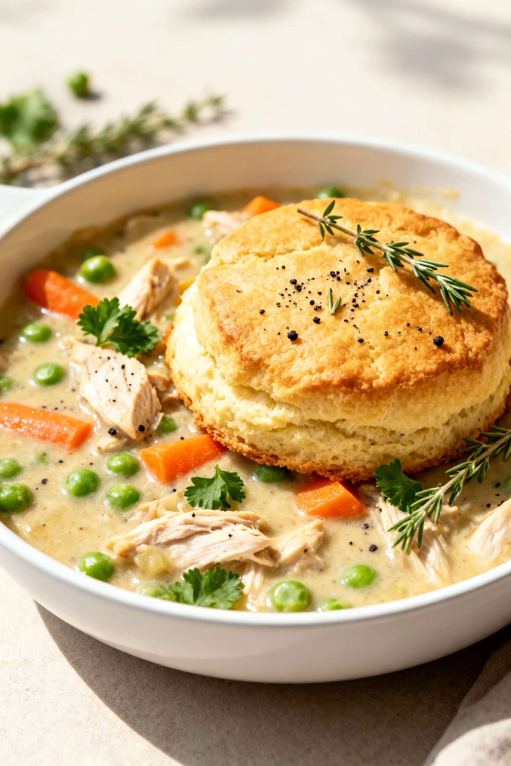 Restaurant-quality plating: a hearty spoonful of skillet chicken pot pie in a shallow white bowl, biscuit top perched ov