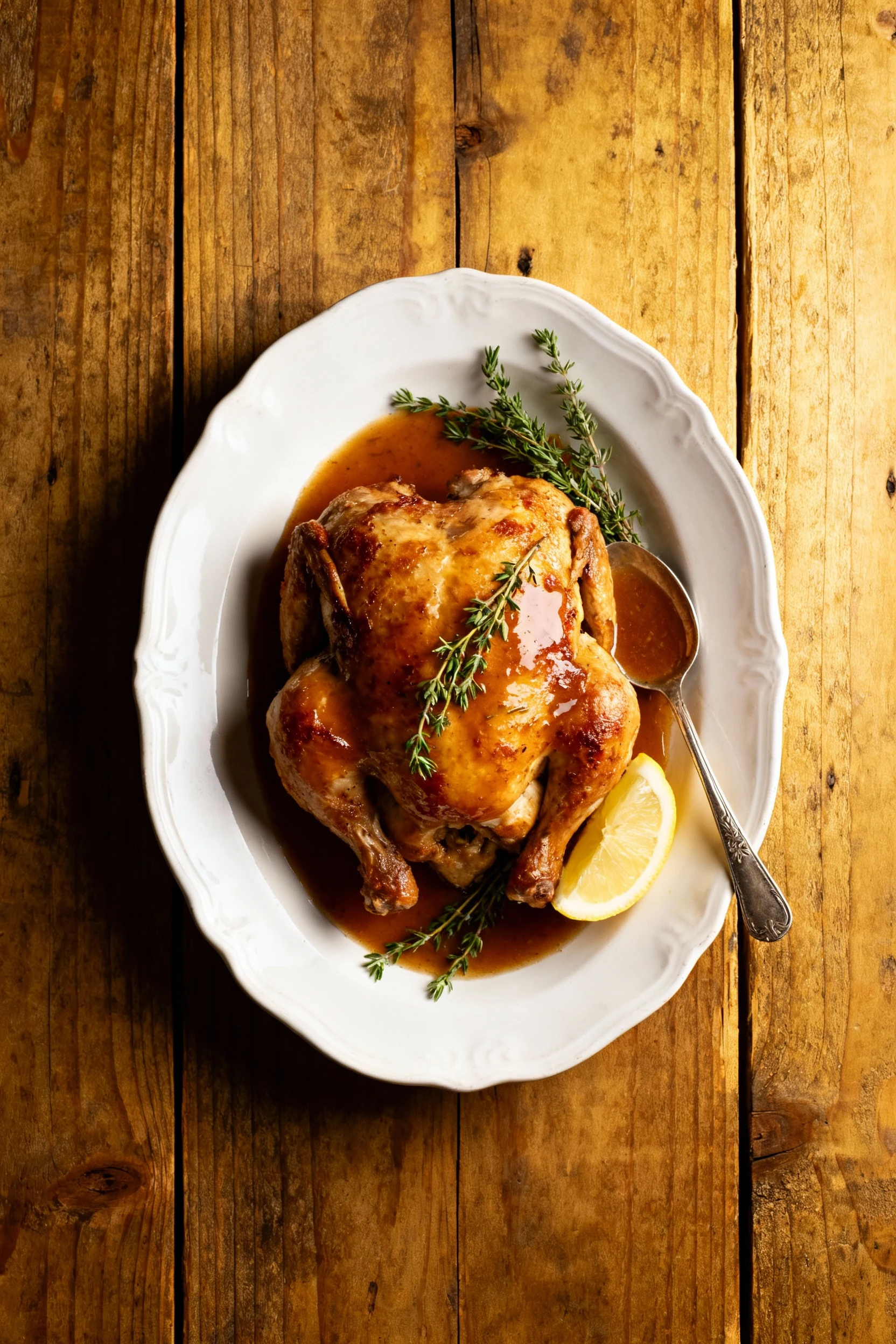 Overhead shot of plated Ina Garten-style chicken with rich pan sauce spooned over, garnished with fresh thyme sprigs and