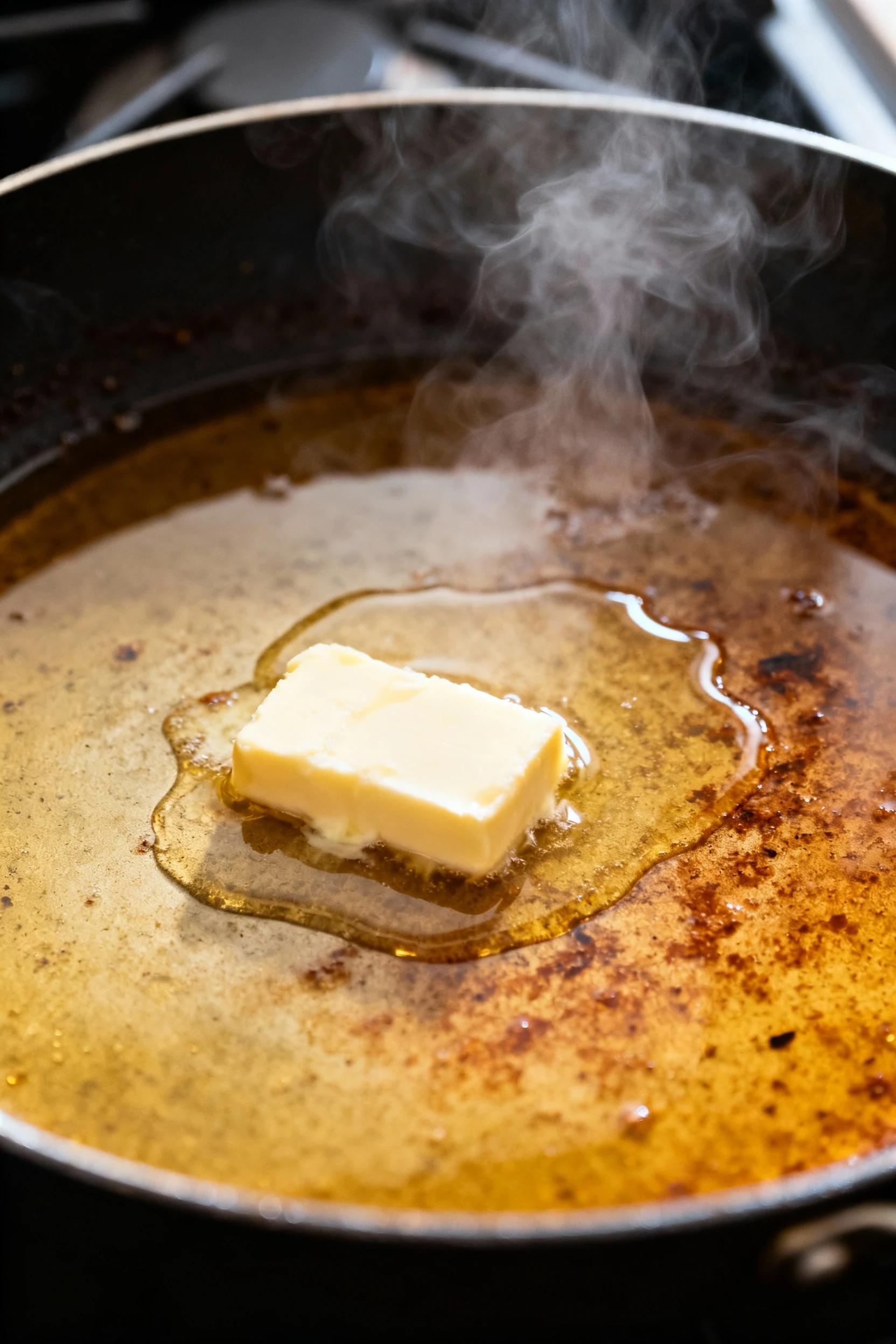 4. Cooking process: pan sauce in a roasting skillet, chicken broth and apple cider vinegar deglazing browned fond, steam