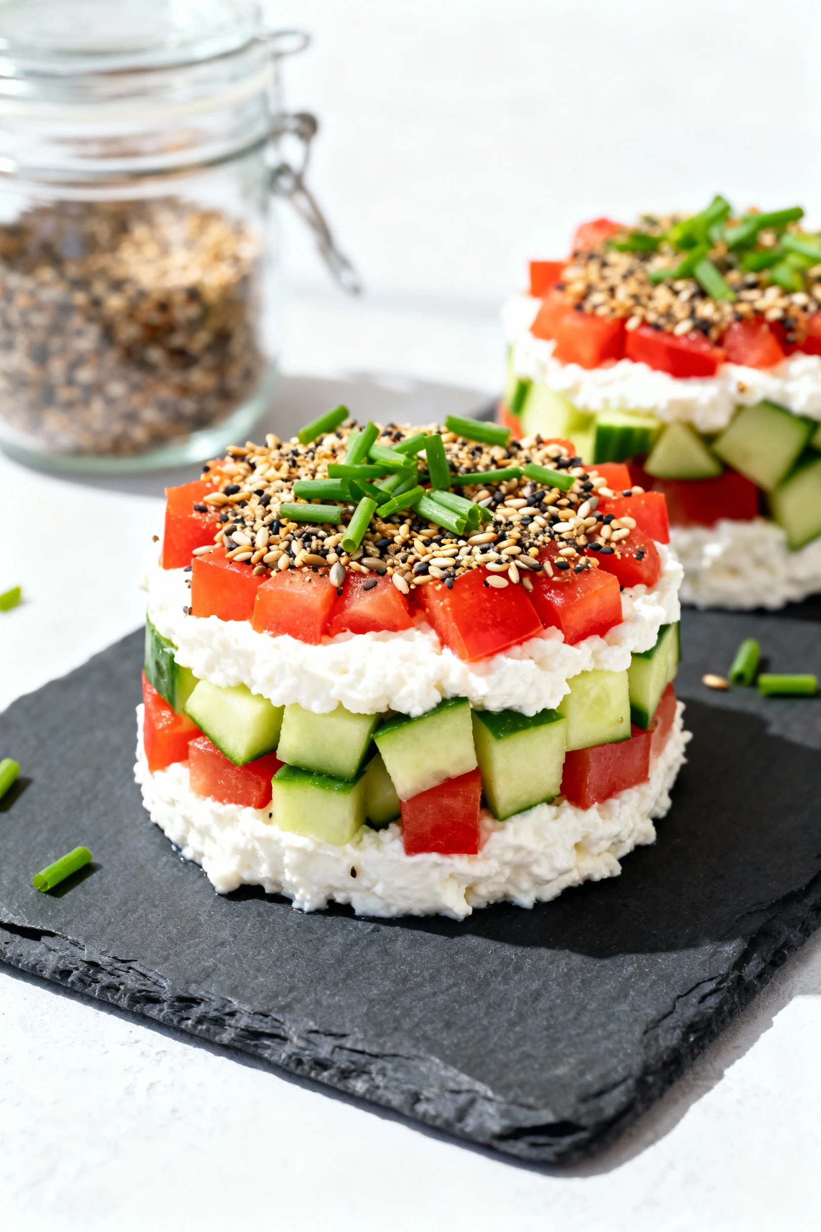 Final dish presentation of the Savory “Bagel” Parfait: cottage cheese base with neat layers of diced cucumber and tomato