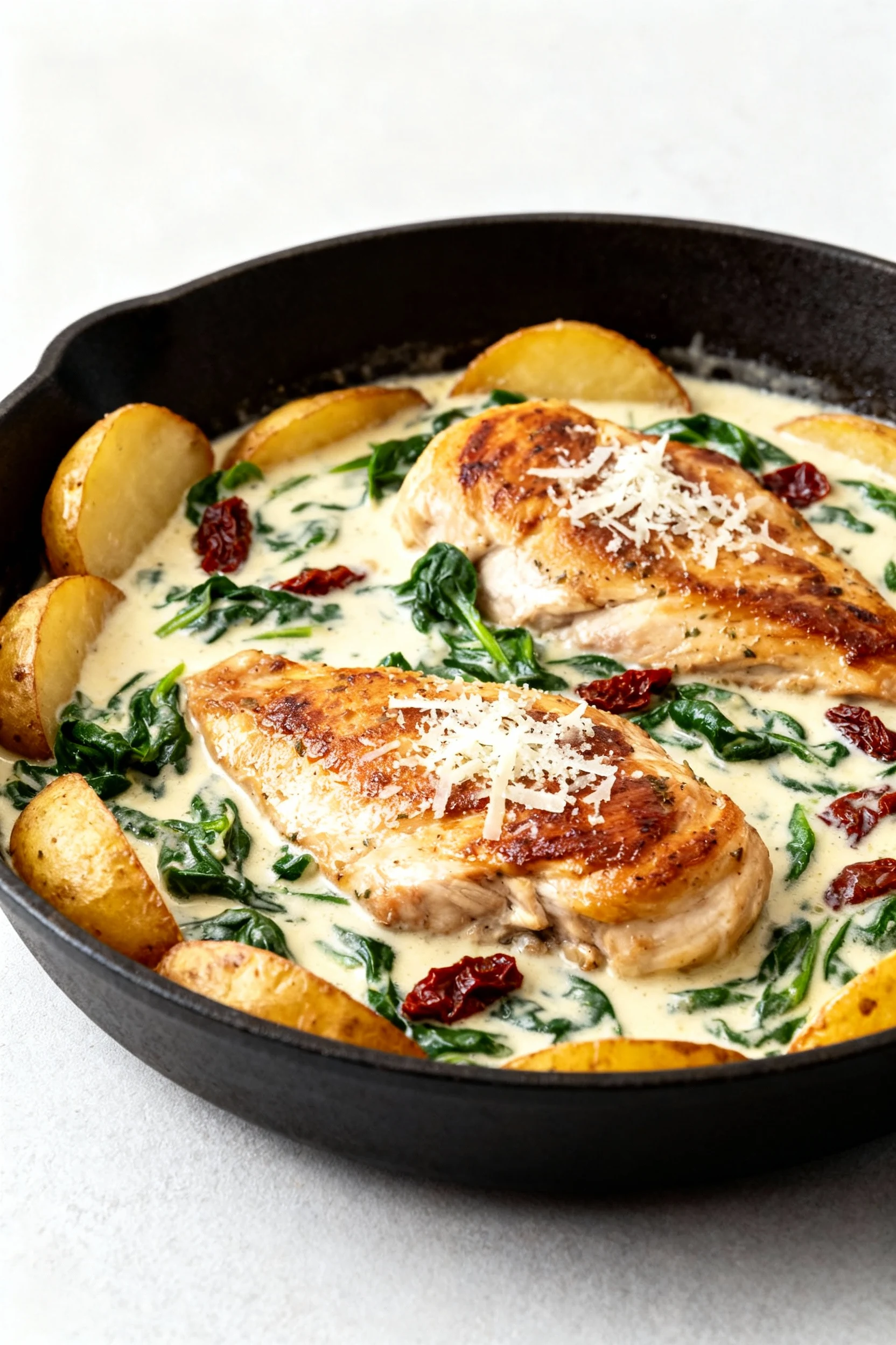 Final dish presentation: skillet hero of the Creamy Tuscan variation—seared chicken nestled in pale cream sauce with spi