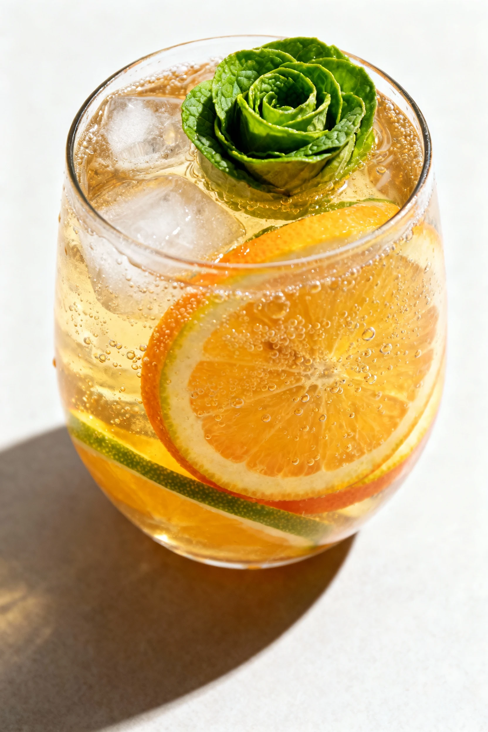 Tasty top view: Overhead shot of the Citrus-Mint Sparkler showing layered citrus wheels tucked against the glass, sparkl