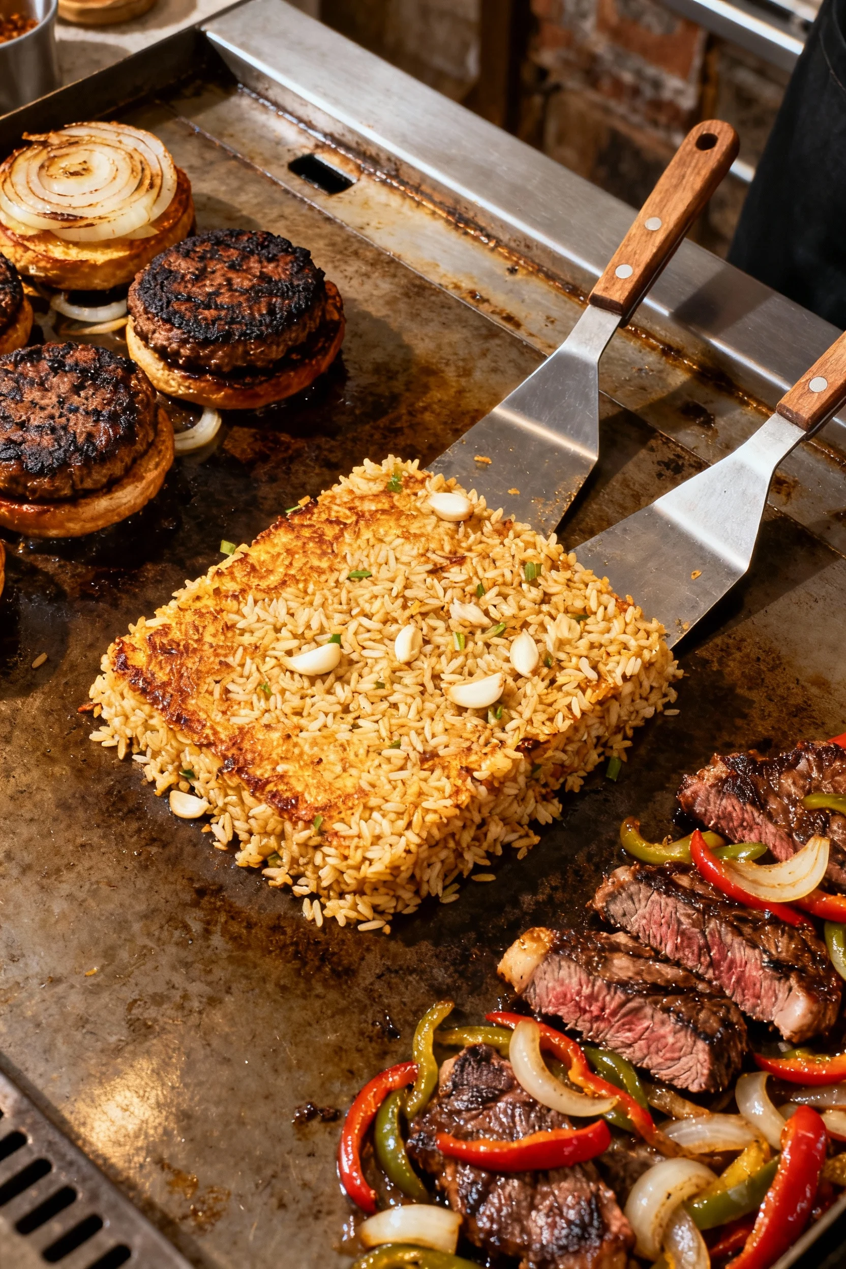Overhead process shot of a zoned flat-top: hot left zone with onion smash burgers forming dark crust, middle zone garlic