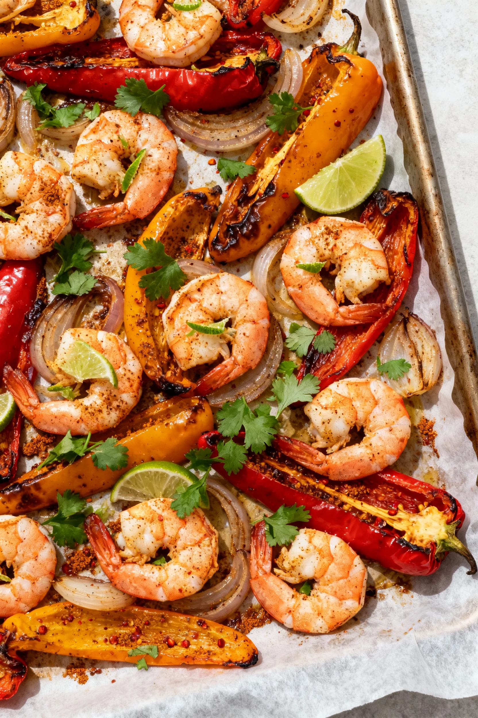 Variation final: overhead shrimp fajita sheet-pan—roasted peppers and onions with cumin–chili spice, pink shrimp cooked 