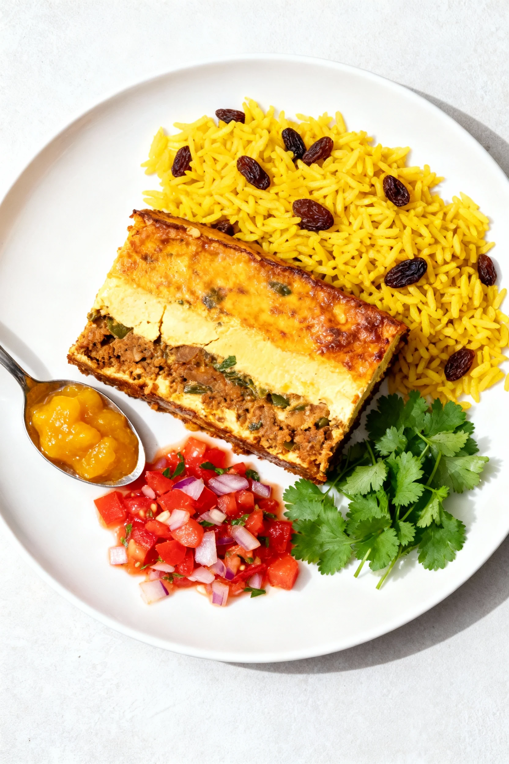 4. Final dish: Overhead plated serving—thick slice of bobotie with yellow rice (turmeric, raisins), a spoon of mango chu