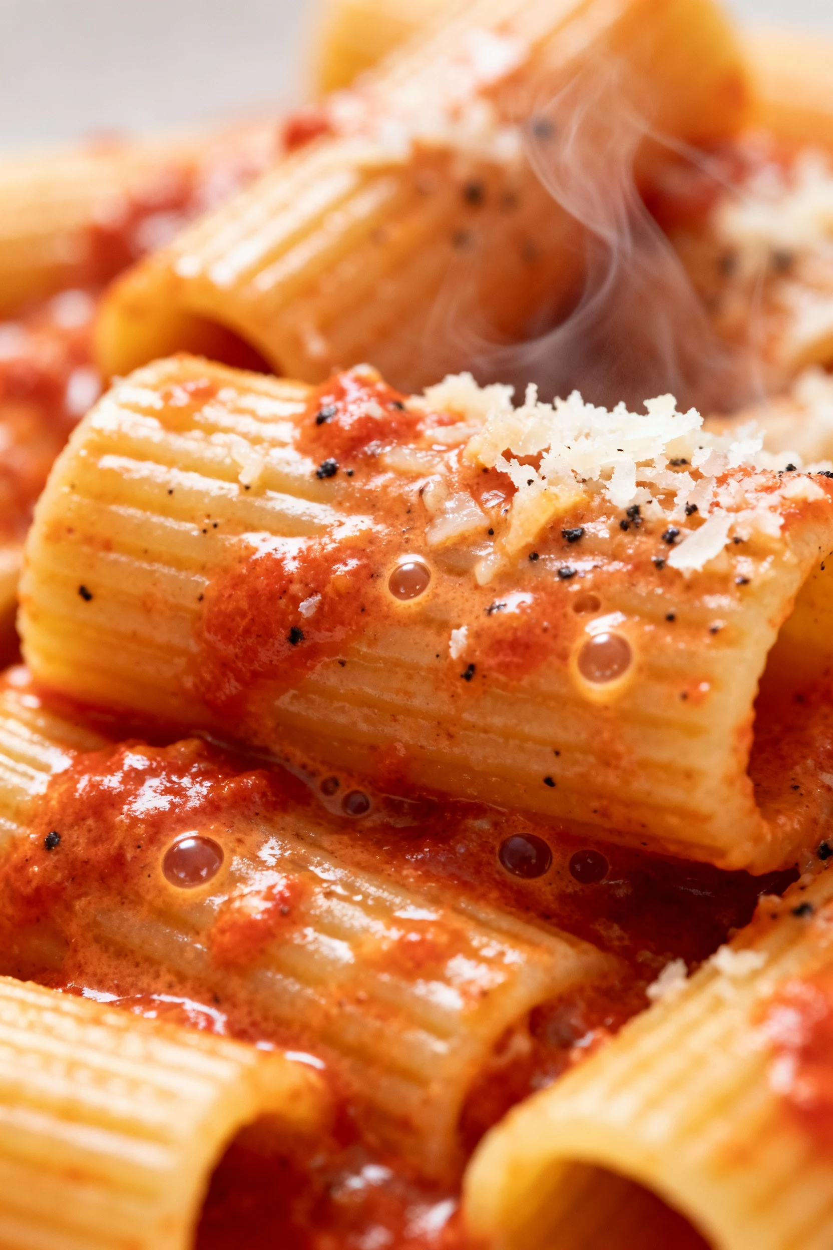 4. Macro close-up of rigatoni coated in Tomato Paste “Vodka” Cream (no vodka): brick-red, velvety sauce with tiny microb
