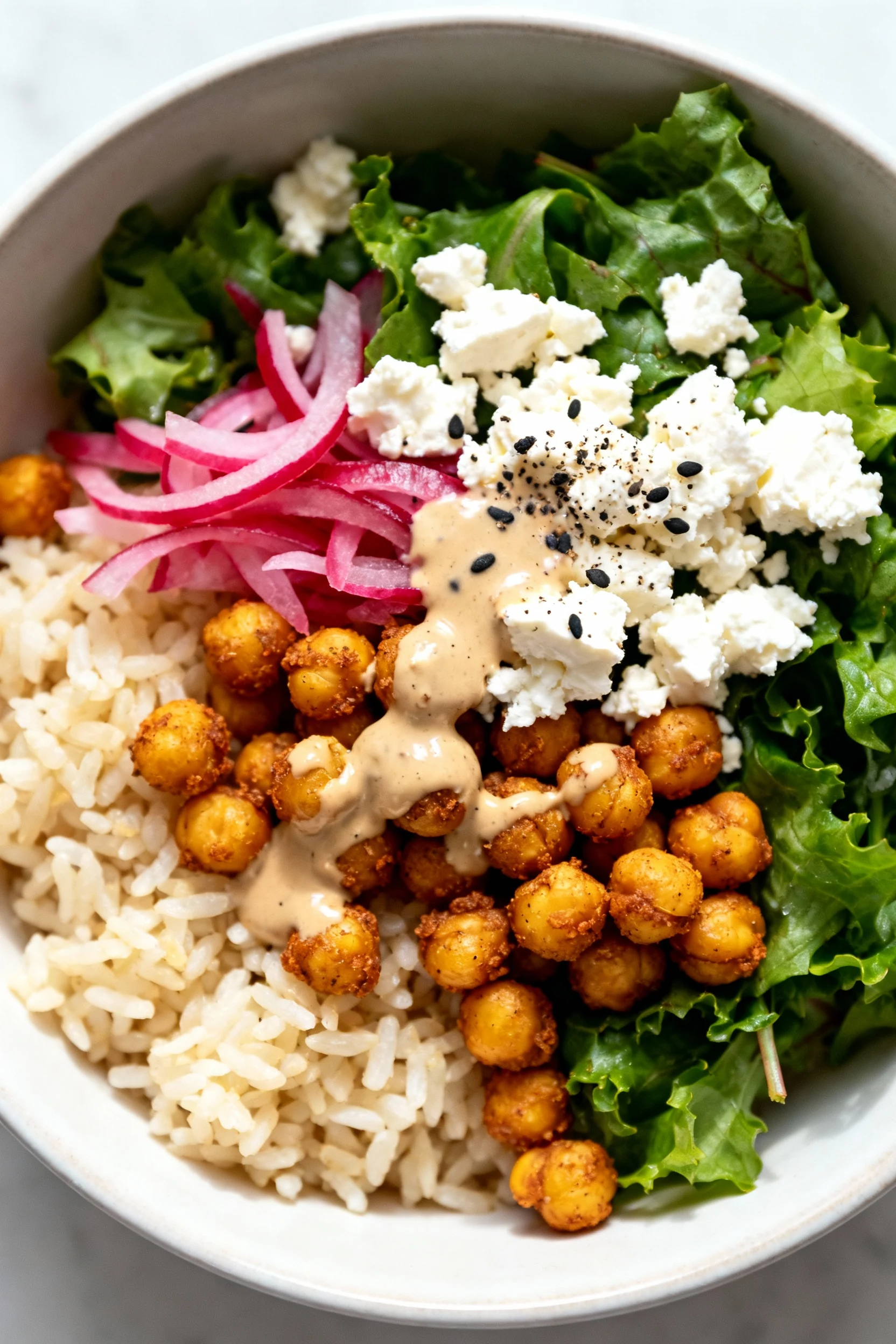 Overhead top-down bowl: tahini-coated crispy chickpeas over fluffy rice and crunchy greens, topped with crumbled feta, p