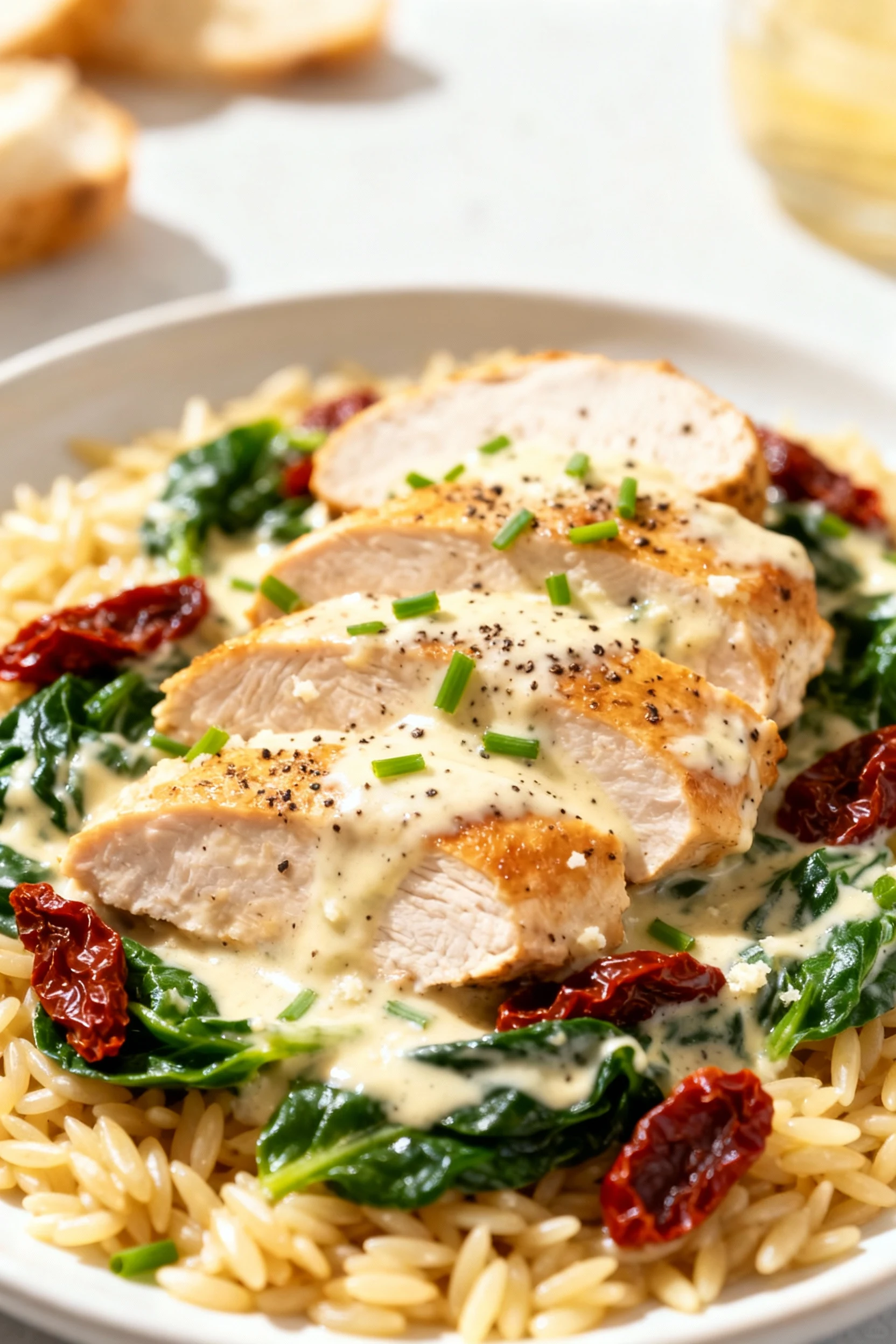Creamy Tuscan chicken breast sliced over orzo, sun-dried tomatoes and wilted spinach in a silky cream-Parmesan sauce, fi