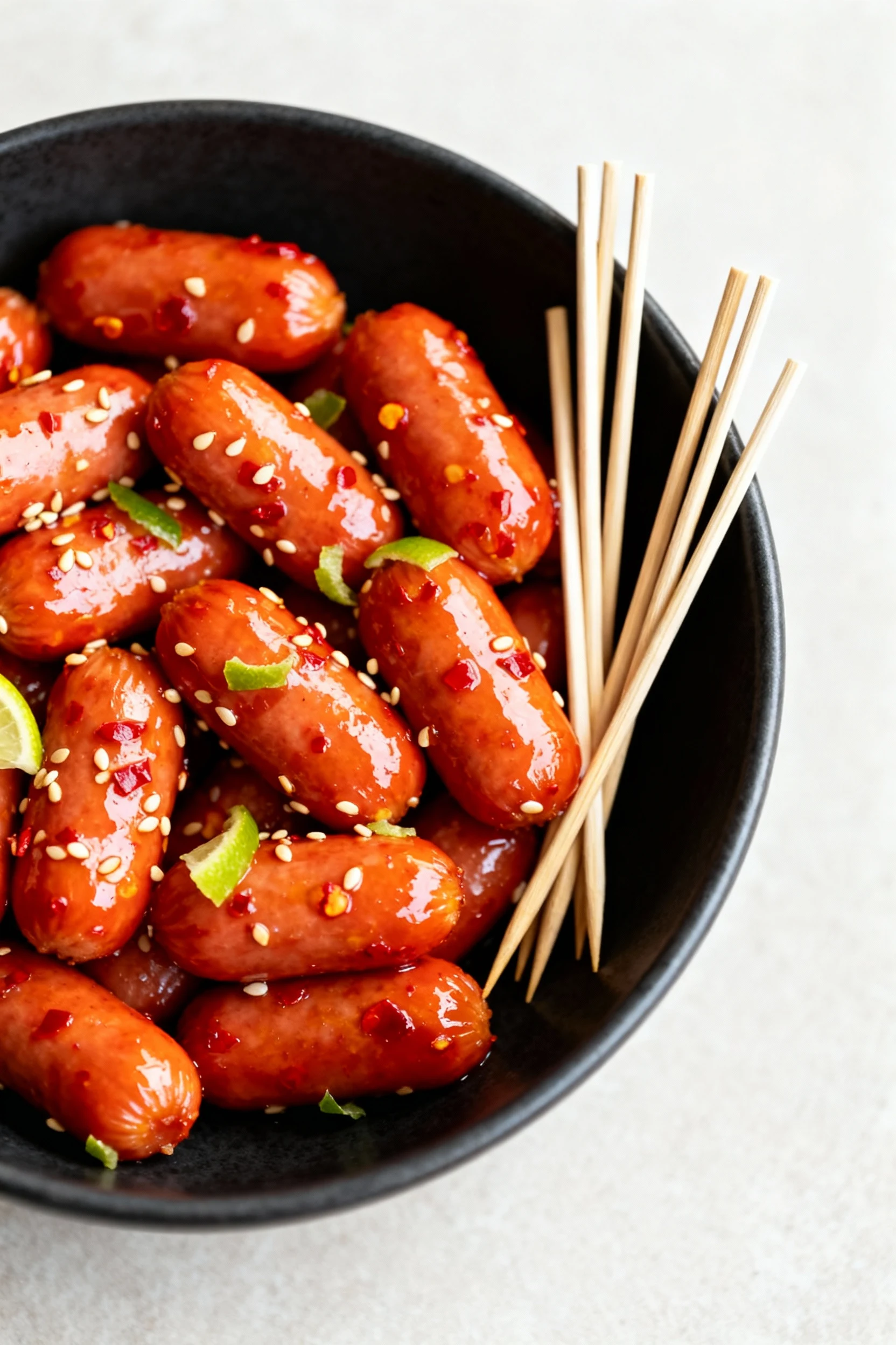 4. Final dish: Sweet Chili Lime Little Smokies in a matte-black serving bowl, red-orange glossy glaze with red pepper fl