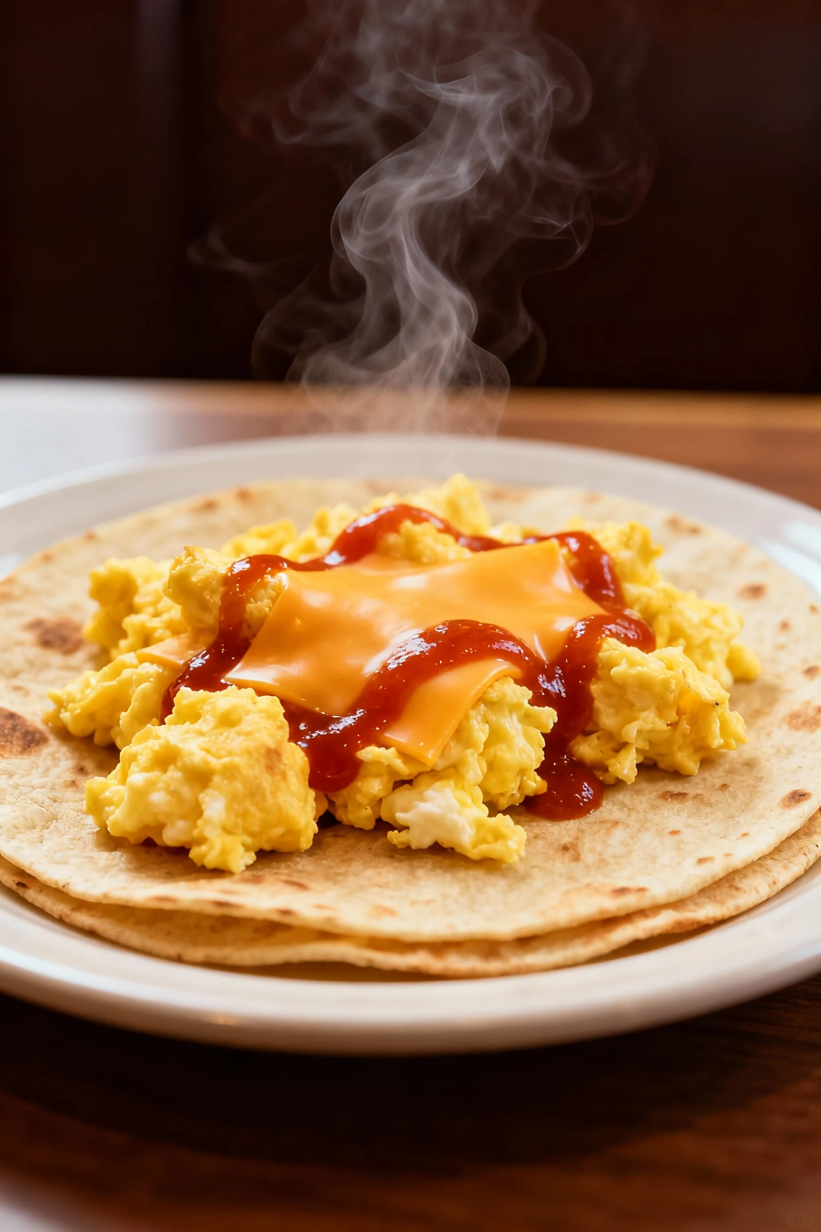 4. Final dish: classic diner-style scrambled eggs with larger, firmer curds and melted sharp cheddar, finished with hot 