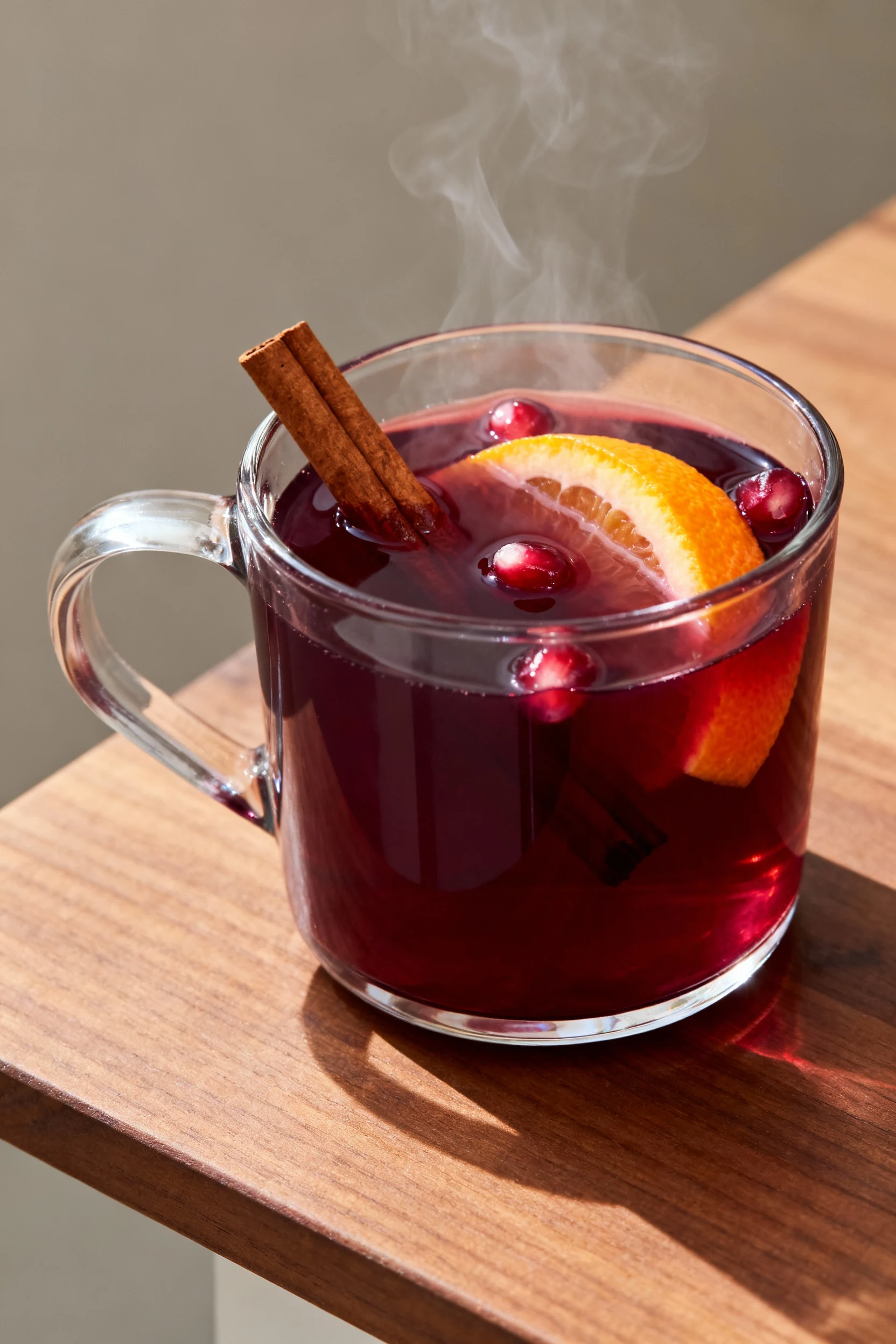Final presentation of Mulled Apple–Pomegranate Warmer in a clear heatproof mug, warm garnet hue with a cinnamon stick, o