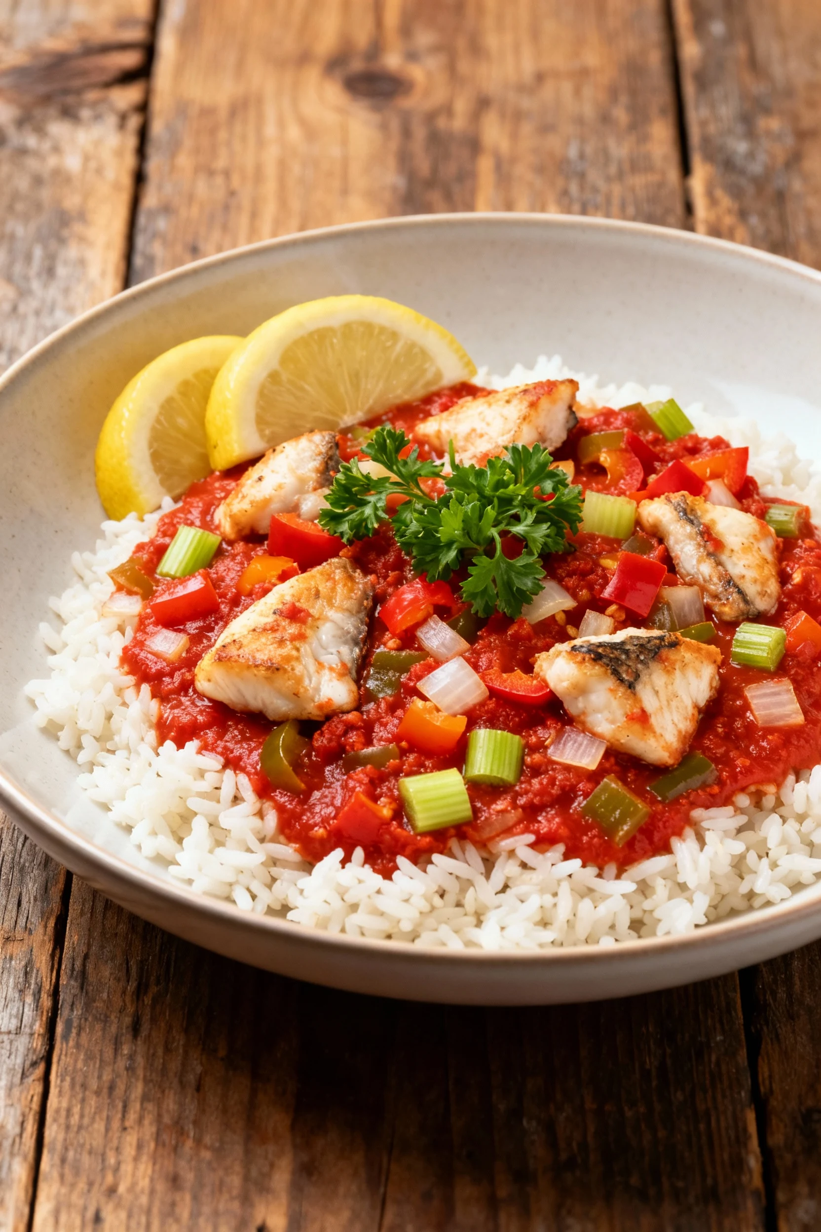 Final bowl of tomato–pepper catfish stew over rice: tender catfish in vibrant crushed-tomato broth with bell pepper, oni