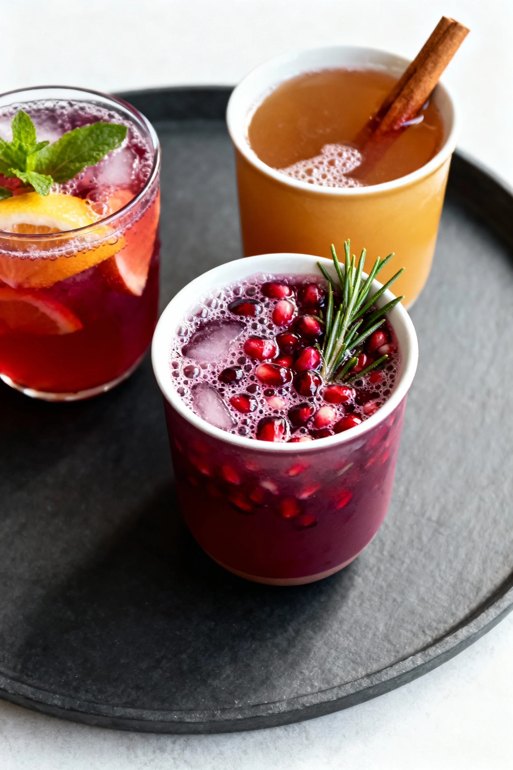4. Final presentation trio: three filled sturdy cups on a matte slate tray—classic citrus-mint punch, holiday pomegranat