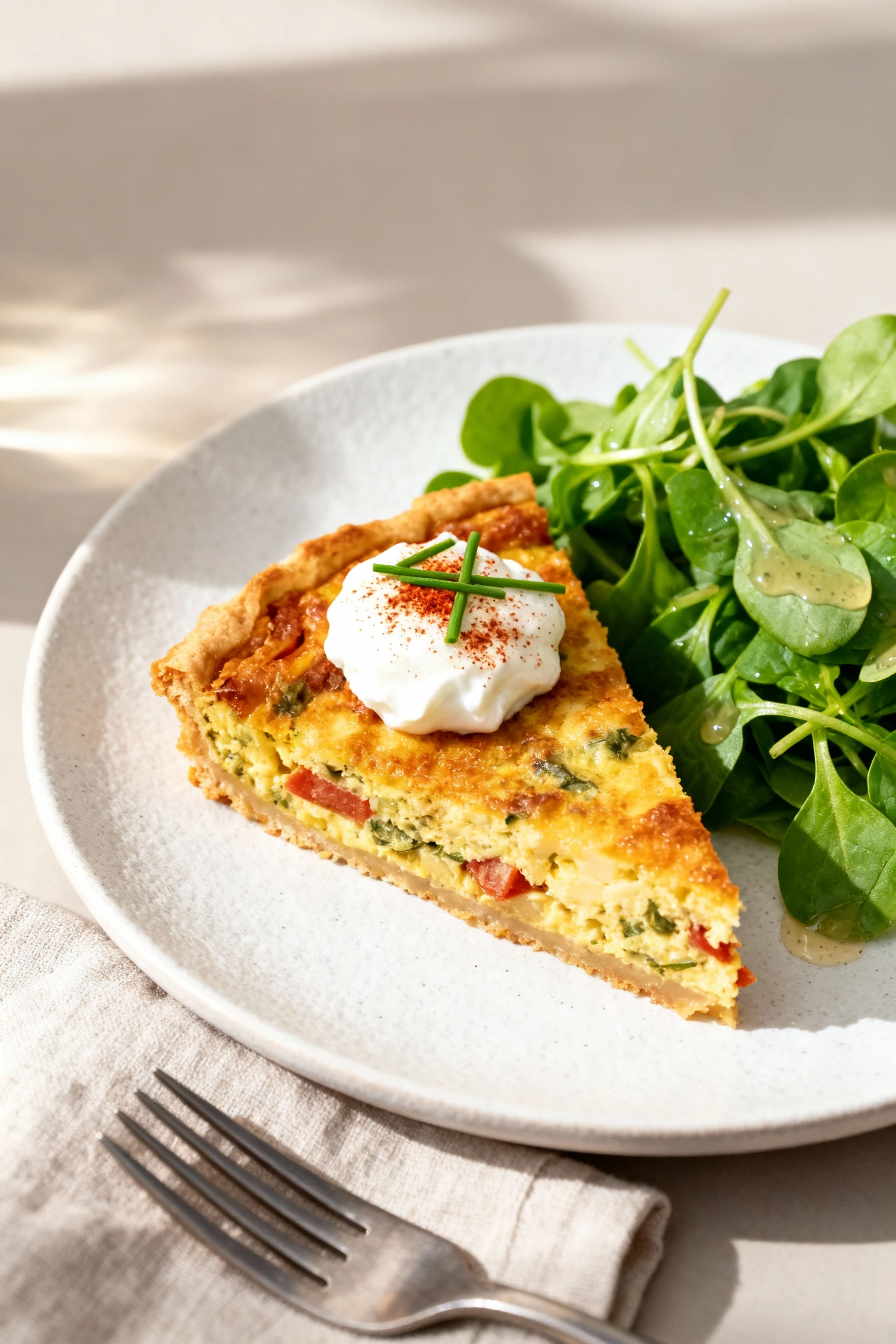 Final plated dish: a wedge of crustless Quiche Lorraine on a matte white plate with a dollop of Greek yogurt, paprika du