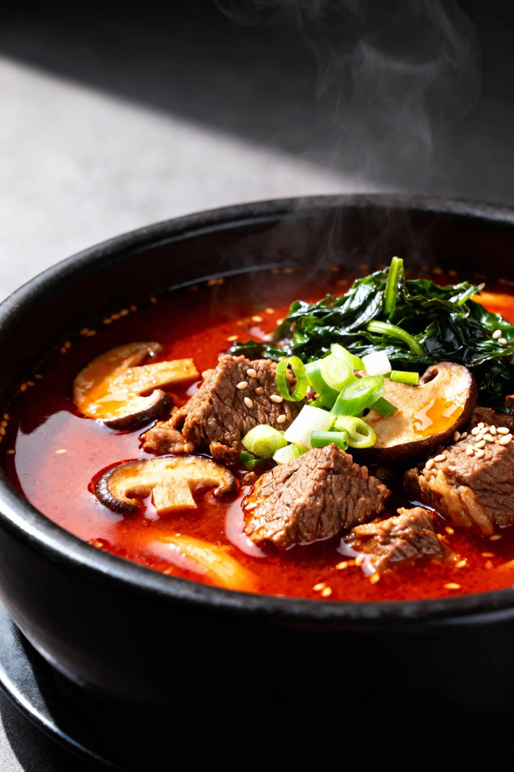 Close-up detail of spicy Korean-inspired beef soup: gochujang-red broth with tender beef cubes, mushrooms, and scallions