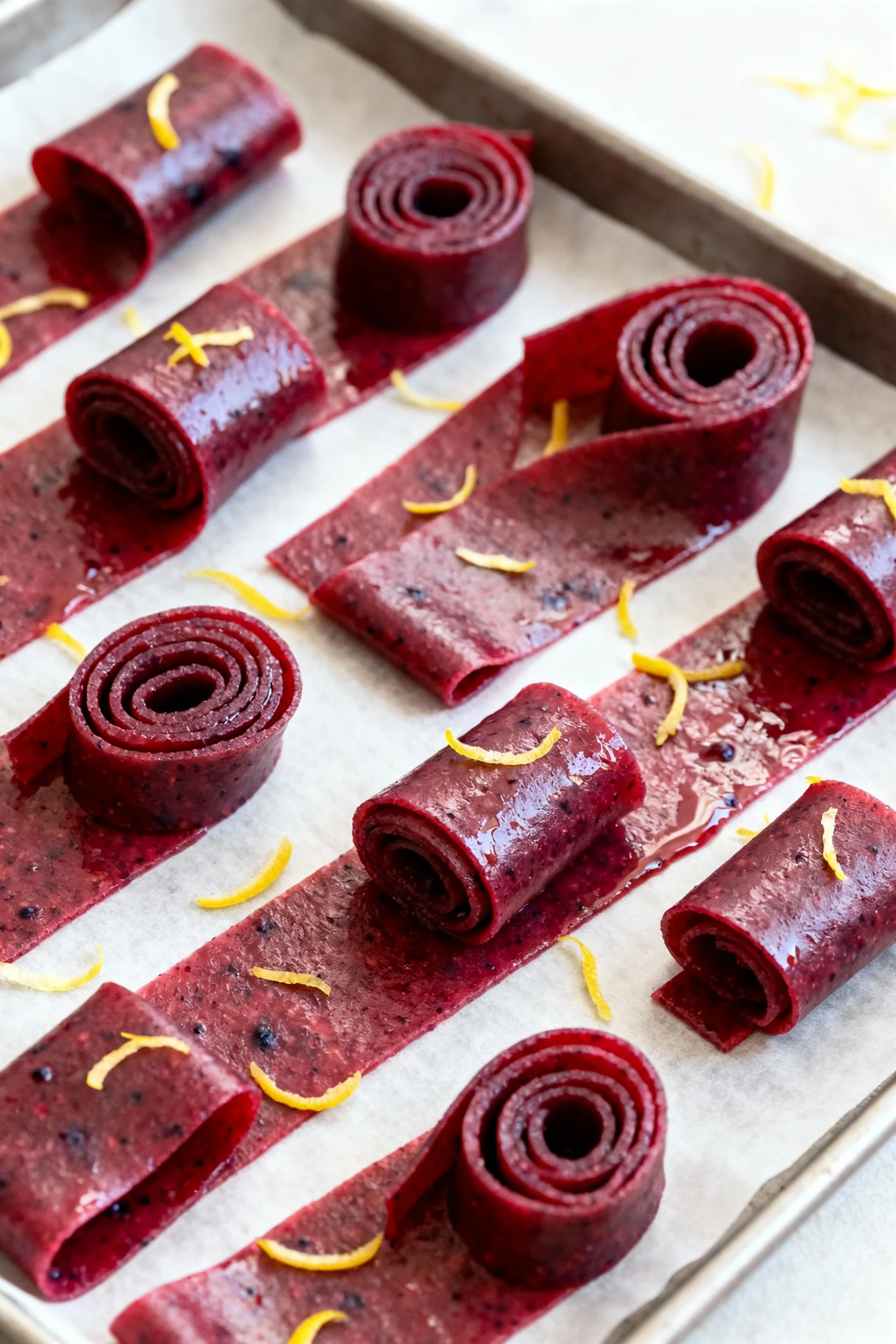 Final presentation—fruit leather: mixed berry–applesauce sheets cut into ribbons and rolled into tight spirals on a parc