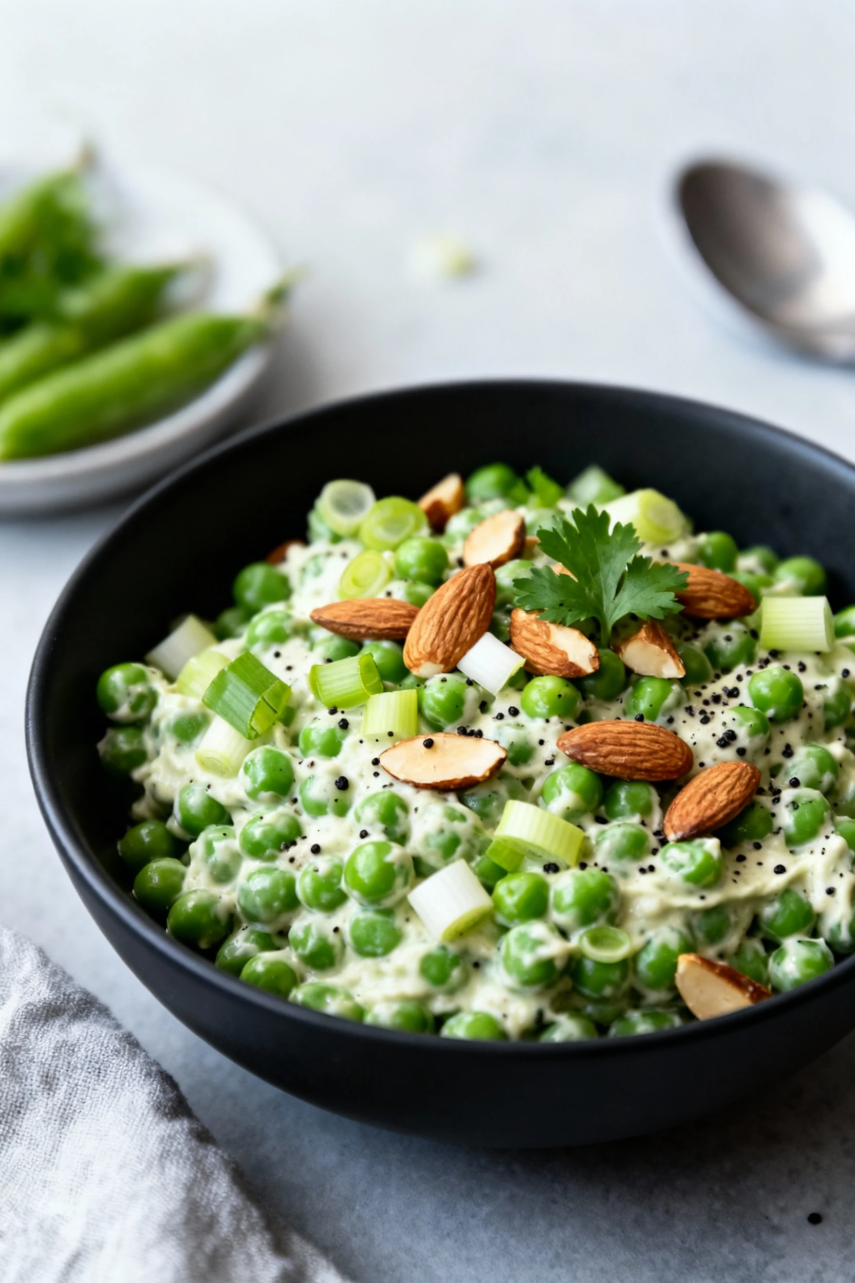 Smoky Vegan variation plated in a matte black bowl—pea salad with vegan mayo dressing, scallions, smoked almonds for cru