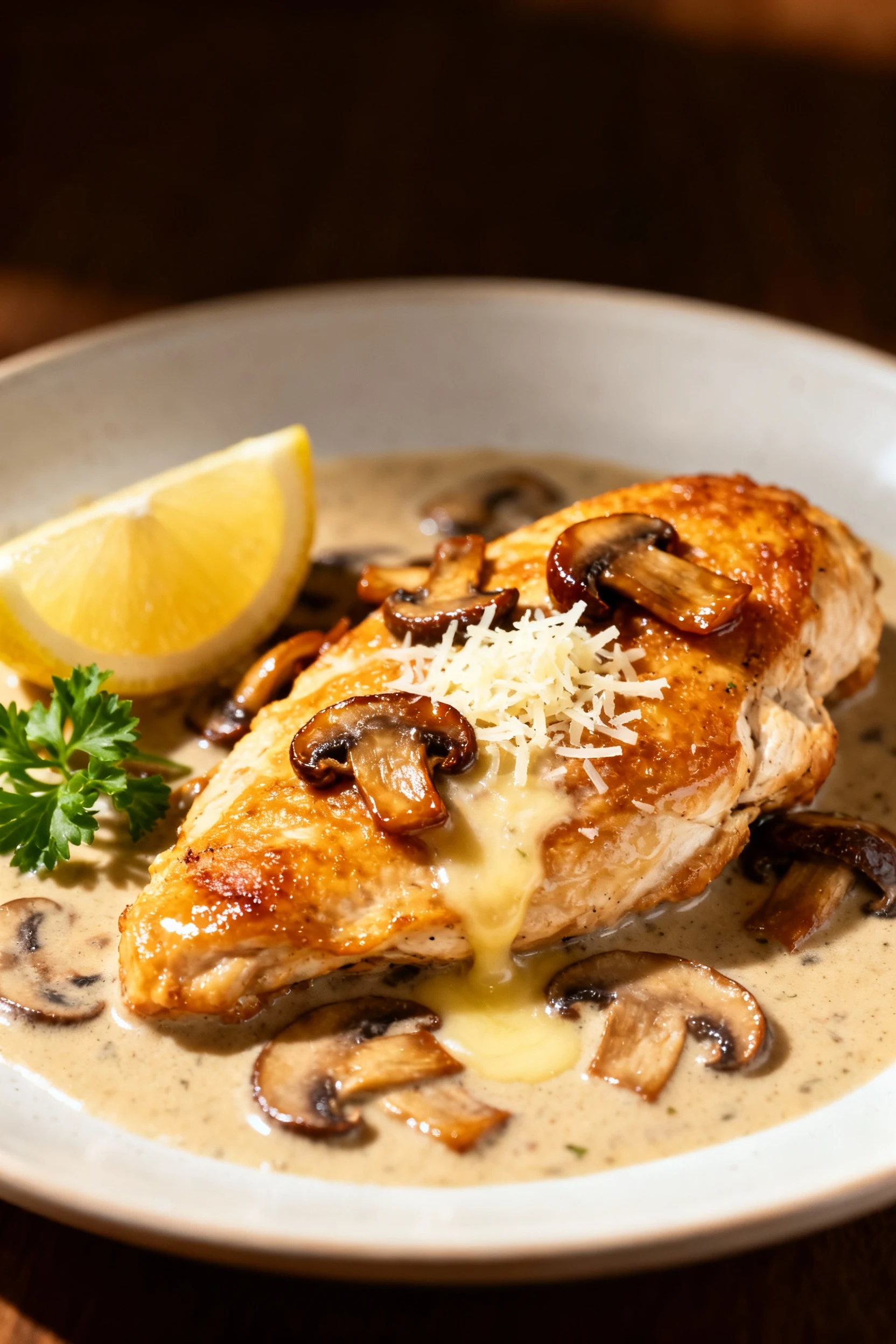 Skillet hero: golden-brown chicken nestled in creamy mushroom sauce, finished with lemon; glossy surface, caramelized mu