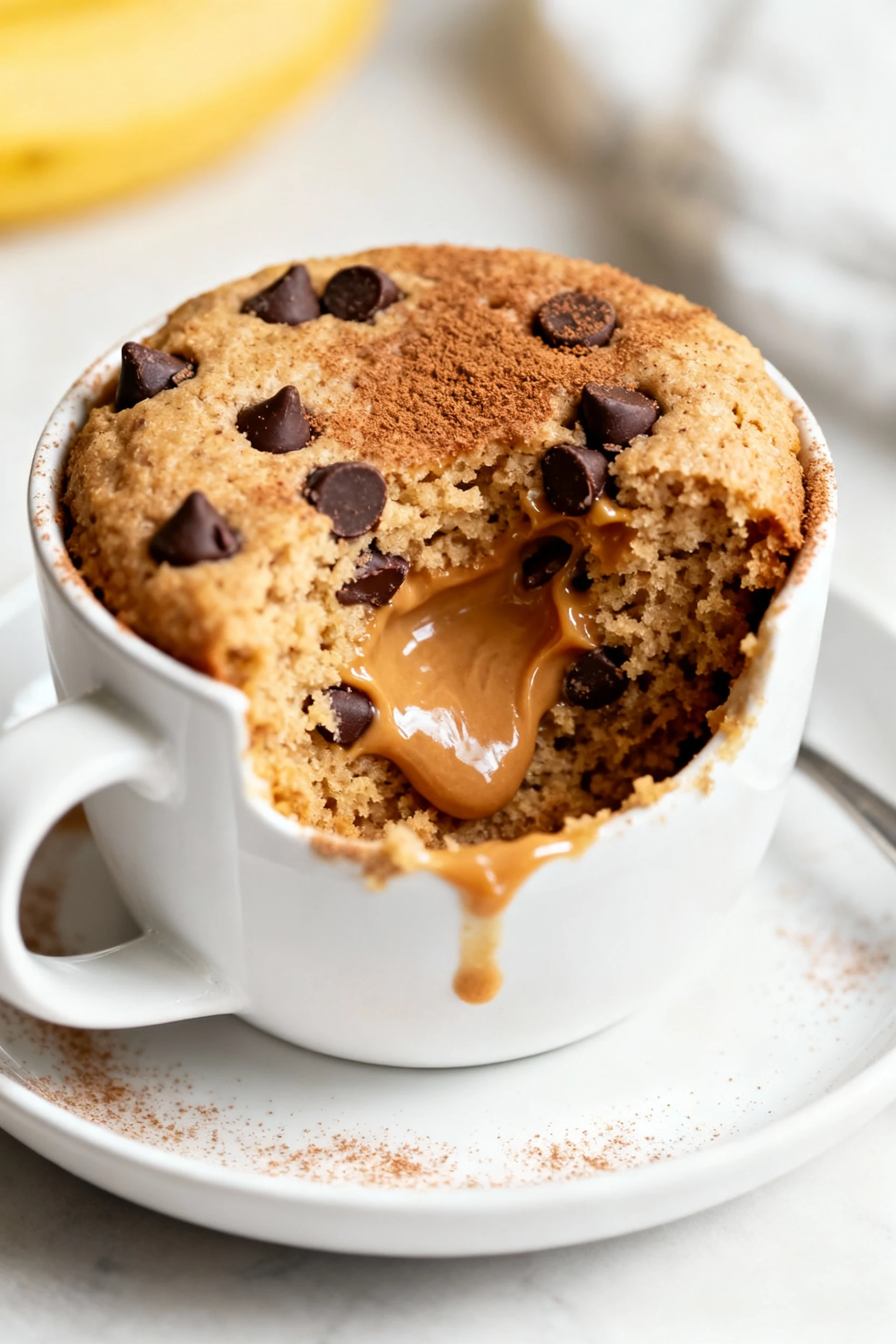 Close-up detail of 5-minute banana bread mug cake: tender crumb with molten chocolate chips and a gooey peanut butter ce