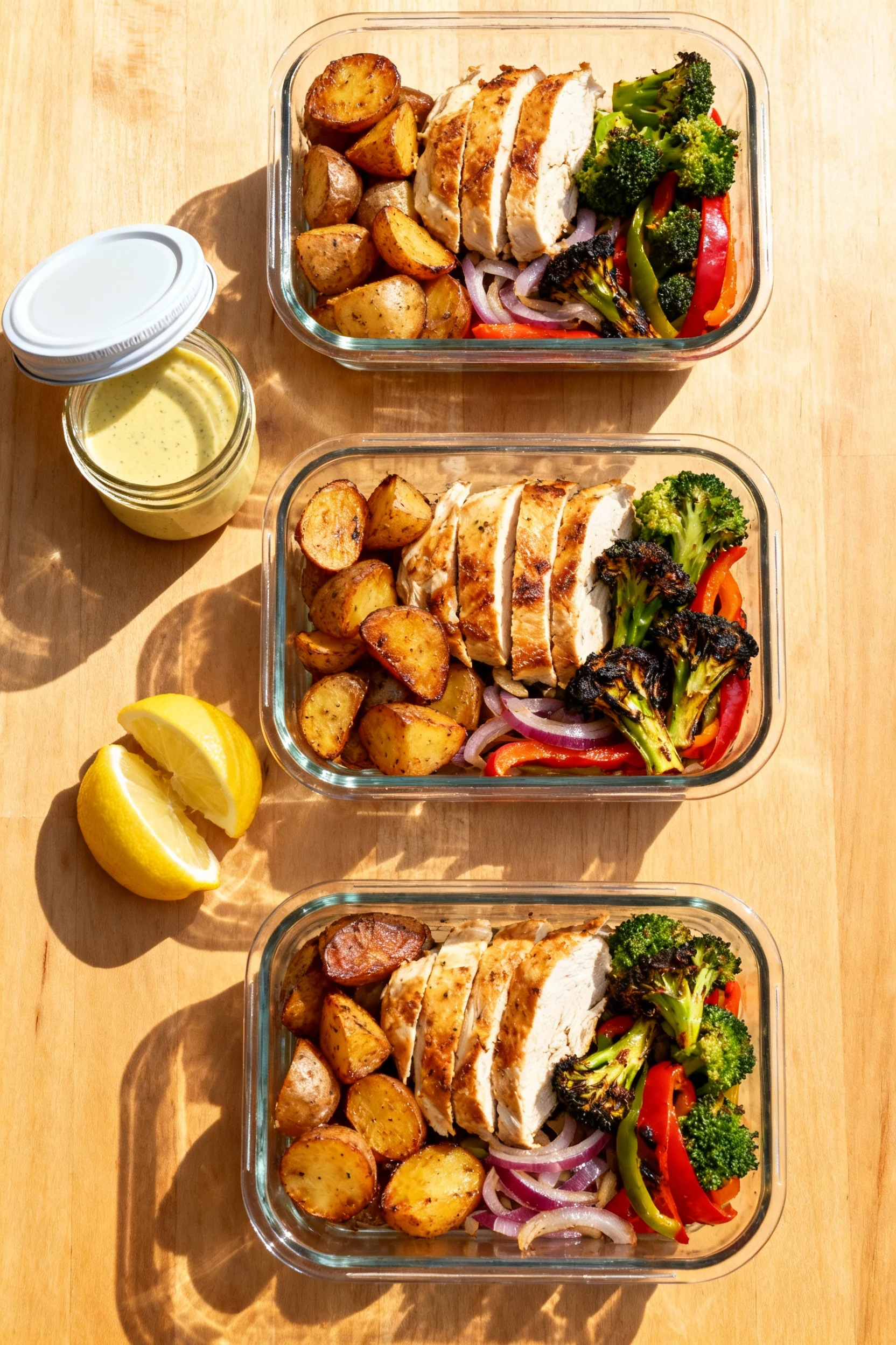 Top-down meal-prep scene: three glass containers neatly filled with sliced roasted chicken, caramelized potatoes, charre