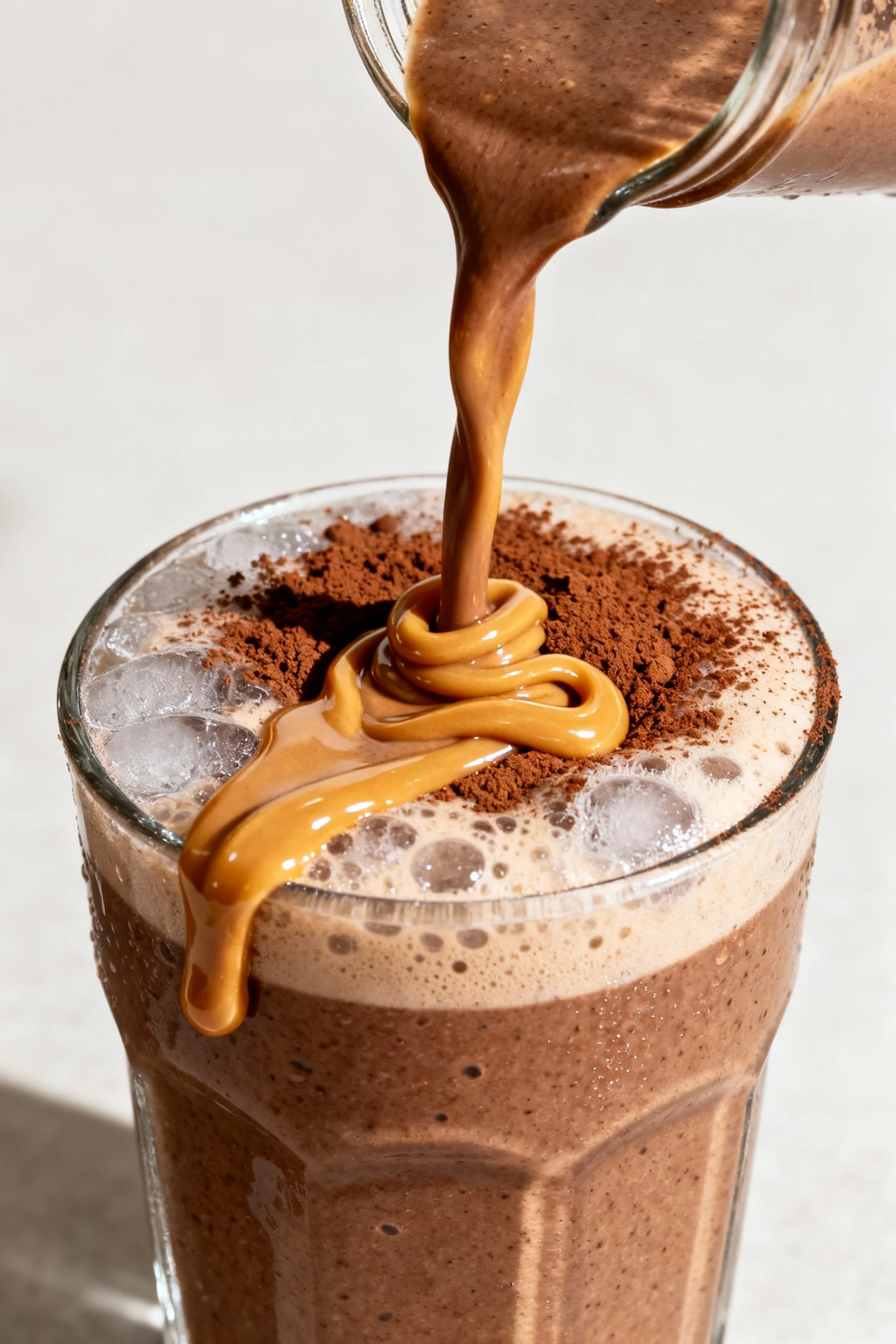 Close-up detail: Coffee Buzz Breakfast smoothie pouring into a glass—rich mocha tone with glossy peanut butter ribbon an