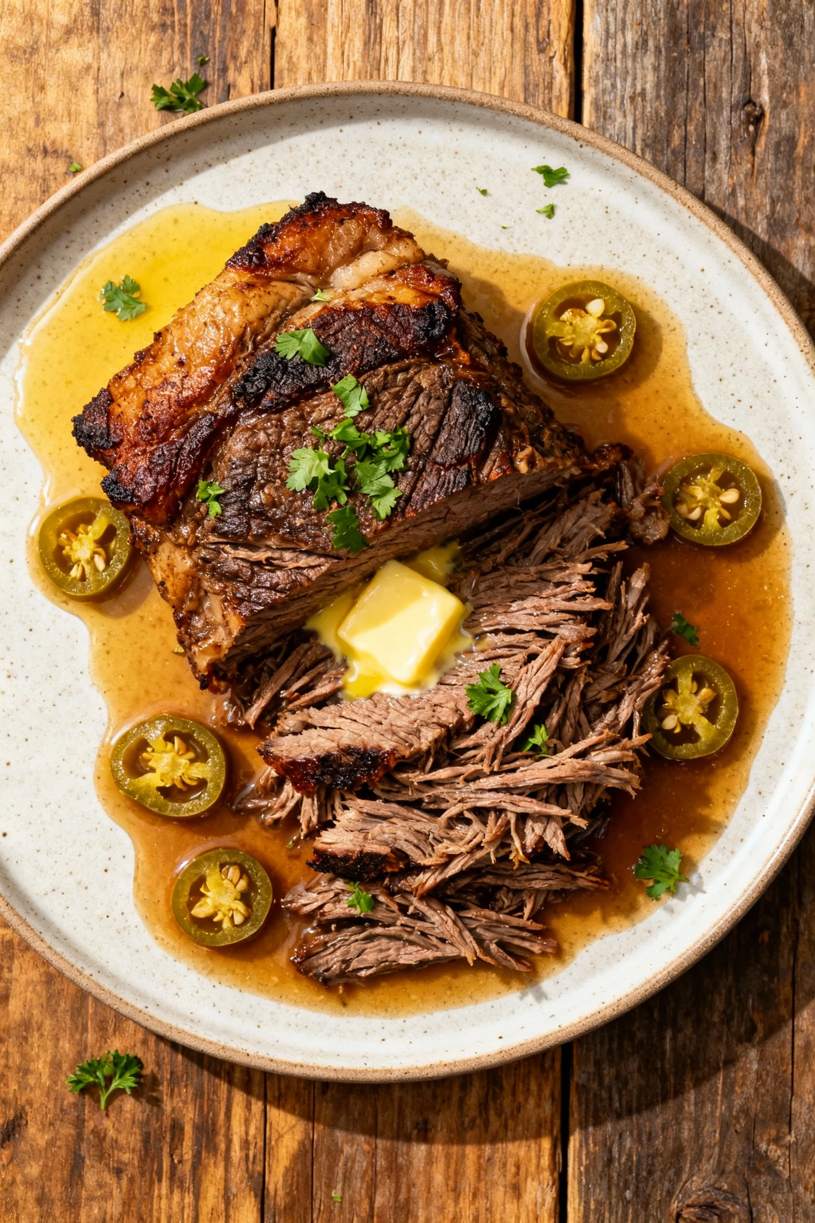 Overhead shot of Mississippi-style crockpot roast on a serving platter: juicy shredded beef with pepperoncini and melted
