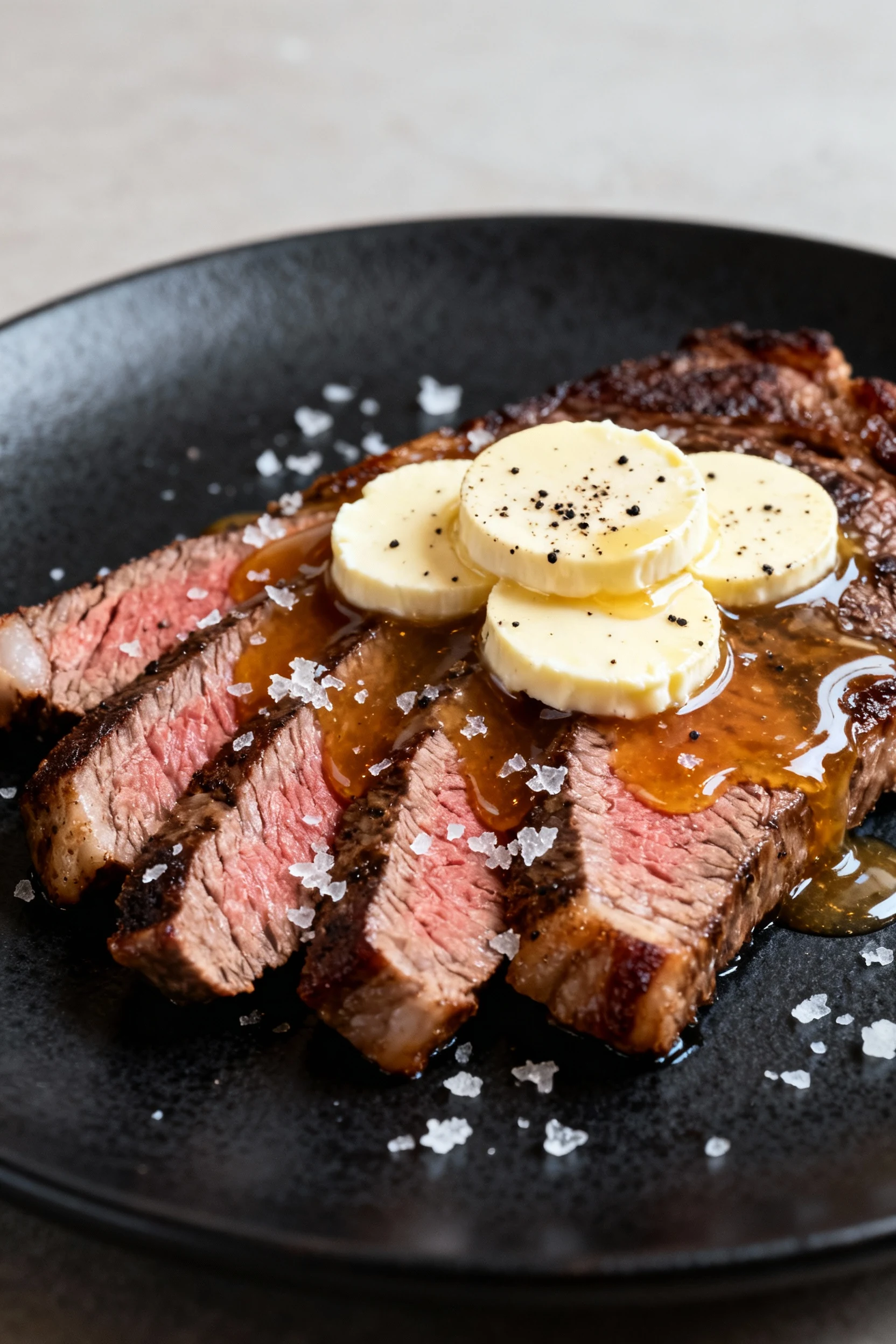 Final plated dish: ribeye slices fanned on a matte black plate, crowned with thick marrow butter coins melting into a gl