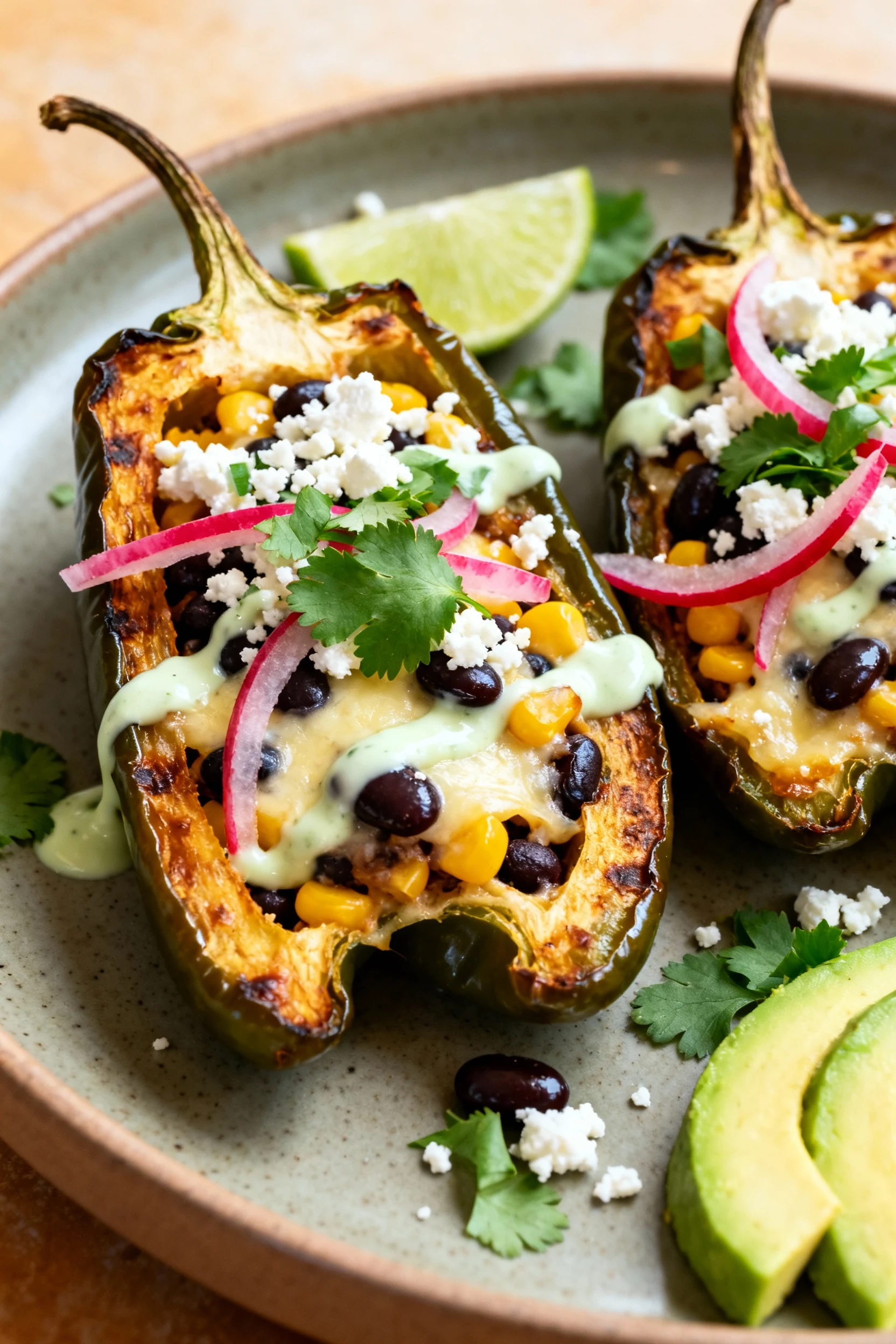 Beautifully plated stuffed poblano halves (stems on) on a matte ceramic plate, cut to reveal melty cheese with corn and 