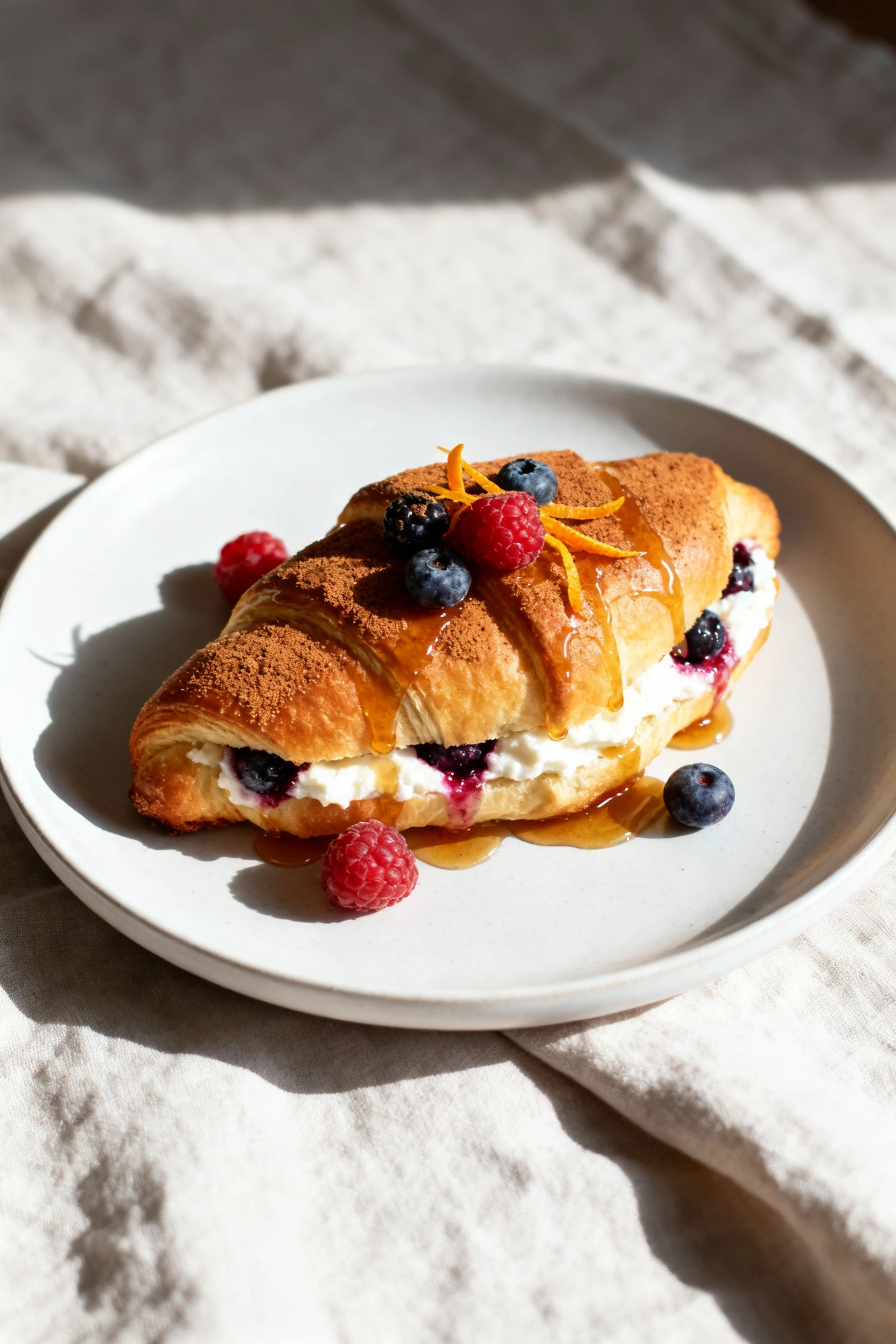 Final presentation: sweet cream cheese and berry crescent rolls baked deep golden, dusted with cinnamon sugar and lightl