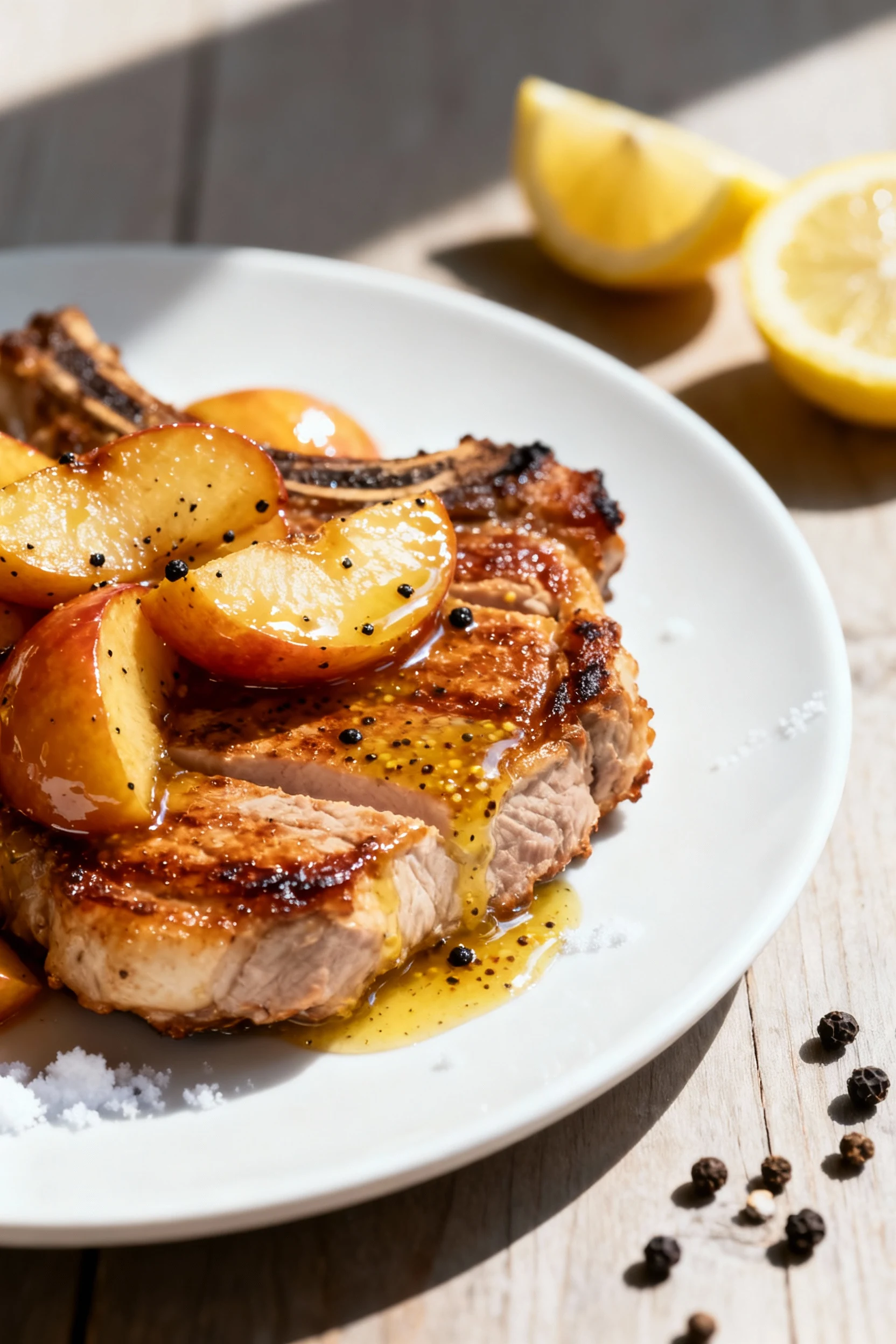 Savory variation, final presentation: seared pork chop topped with glossy skillet apples finished with lemon and a pinch