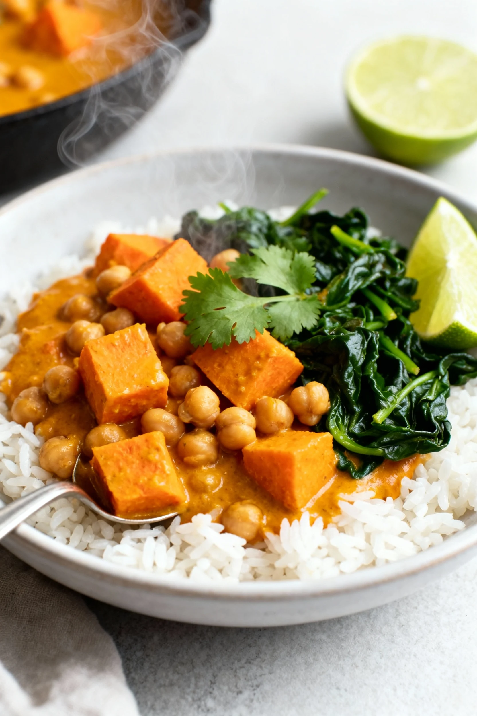 Final plated Coconut Sweet Potato Chickpea Curry: golden-orange coconut curry with tender sweet potato cubes, plump chic