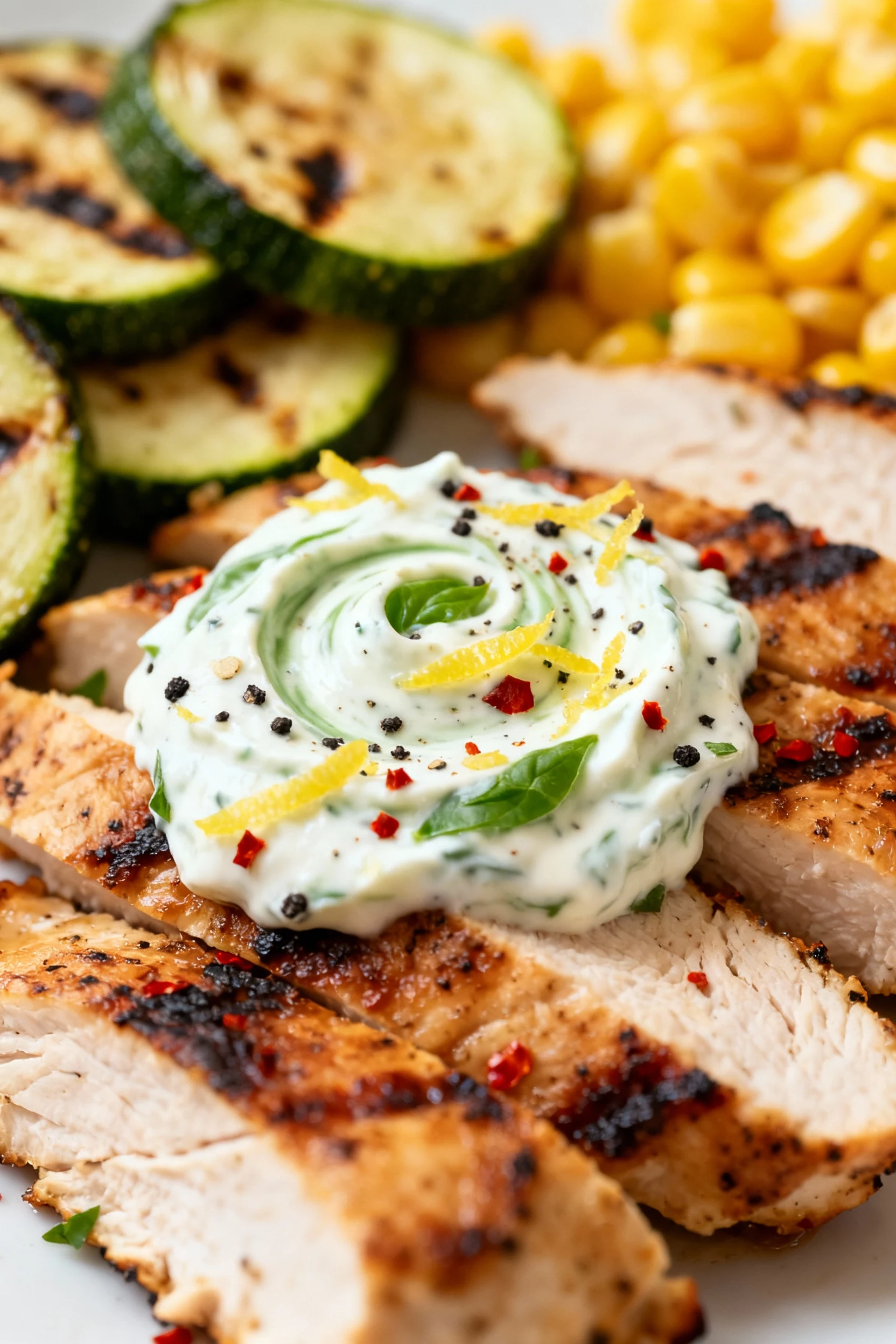 Close-up detail: Macro of juicy grilled chicken slices with a swirl of basil yogurt, lemon zest, cracked black pepper, a
