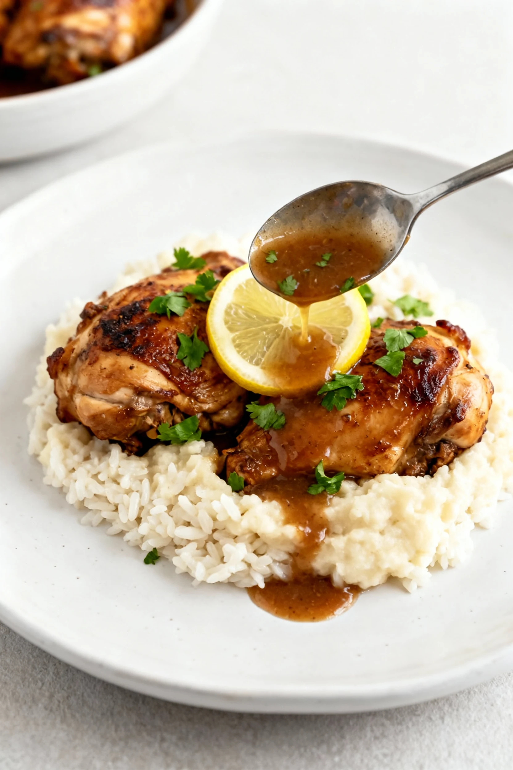 Final dish presentation: beautifully plated slow-cooked chicken thighs over fluffy rice or mashed potatoes, spooned with