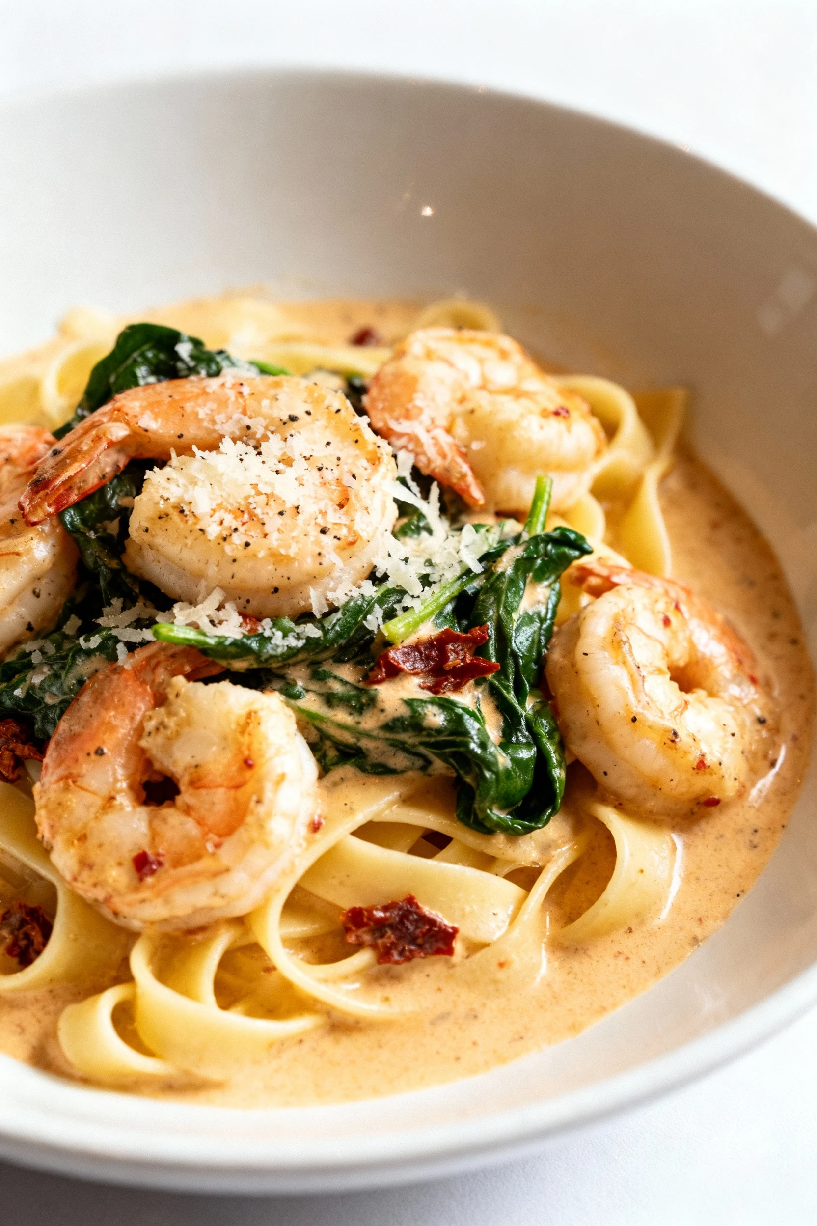 Creamy Tuscan shrimp served over al dente fettuccine in a shallow white bowl, velvety cream sauce with sun-dried tomato 