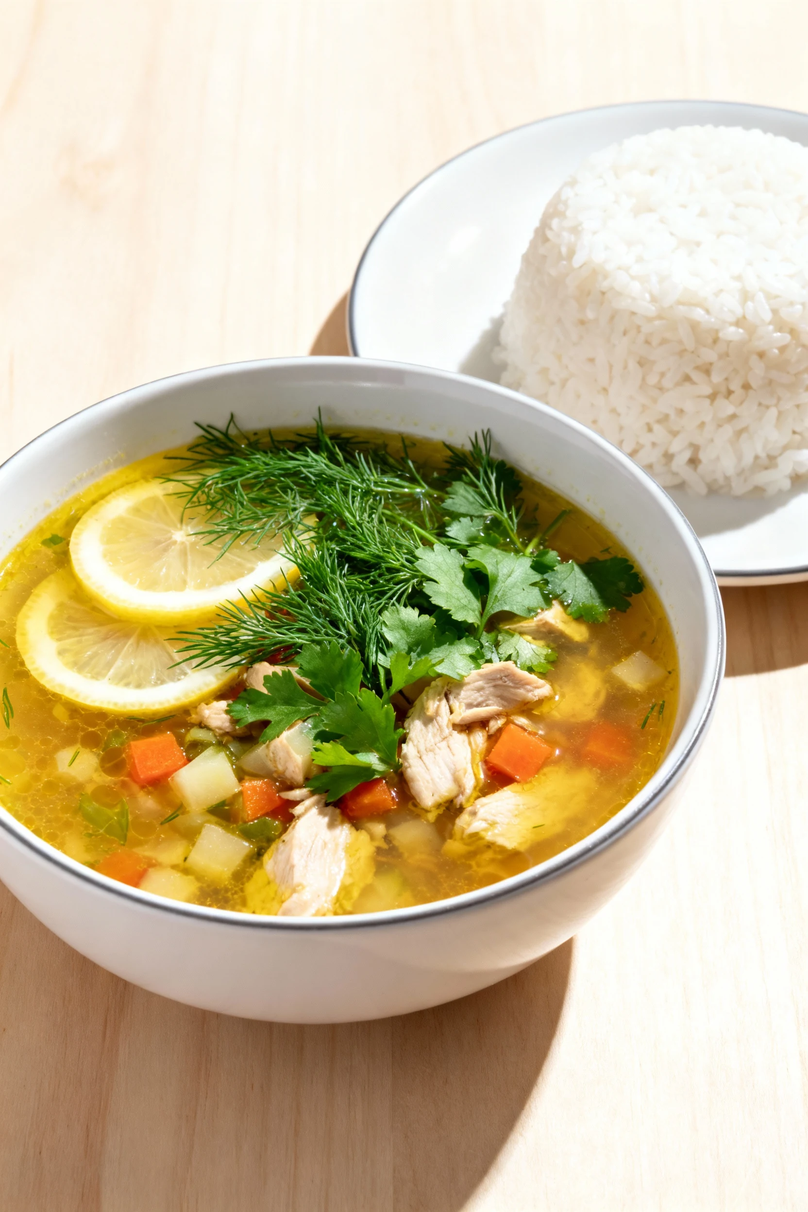 Final presentation (3/4 angle): lemony dill chicken soup with jasmine rice—bright, clear broth, generous fresh dill and 