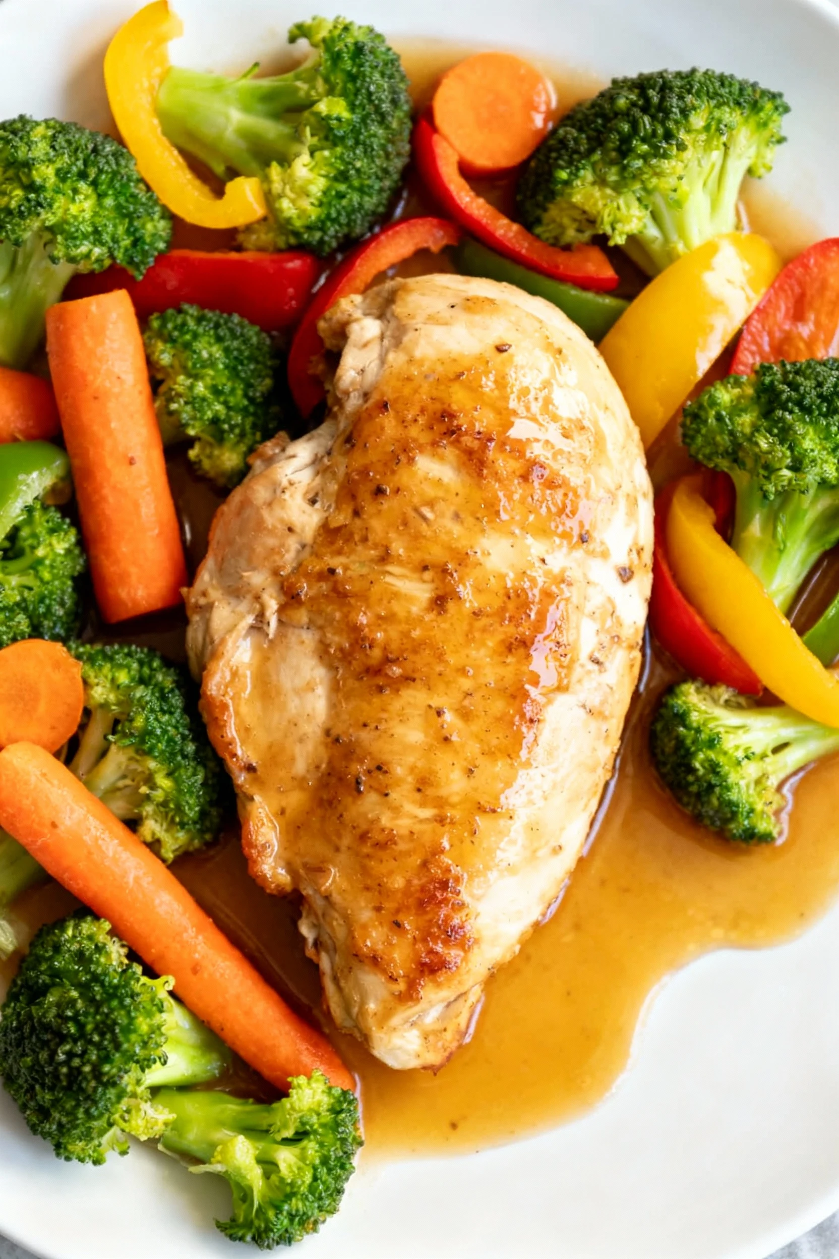 Overhead shot of finished Ninja Foodi chicken and mixed vegetables, vibrant colors from broccoli, carrots, and bell pepp