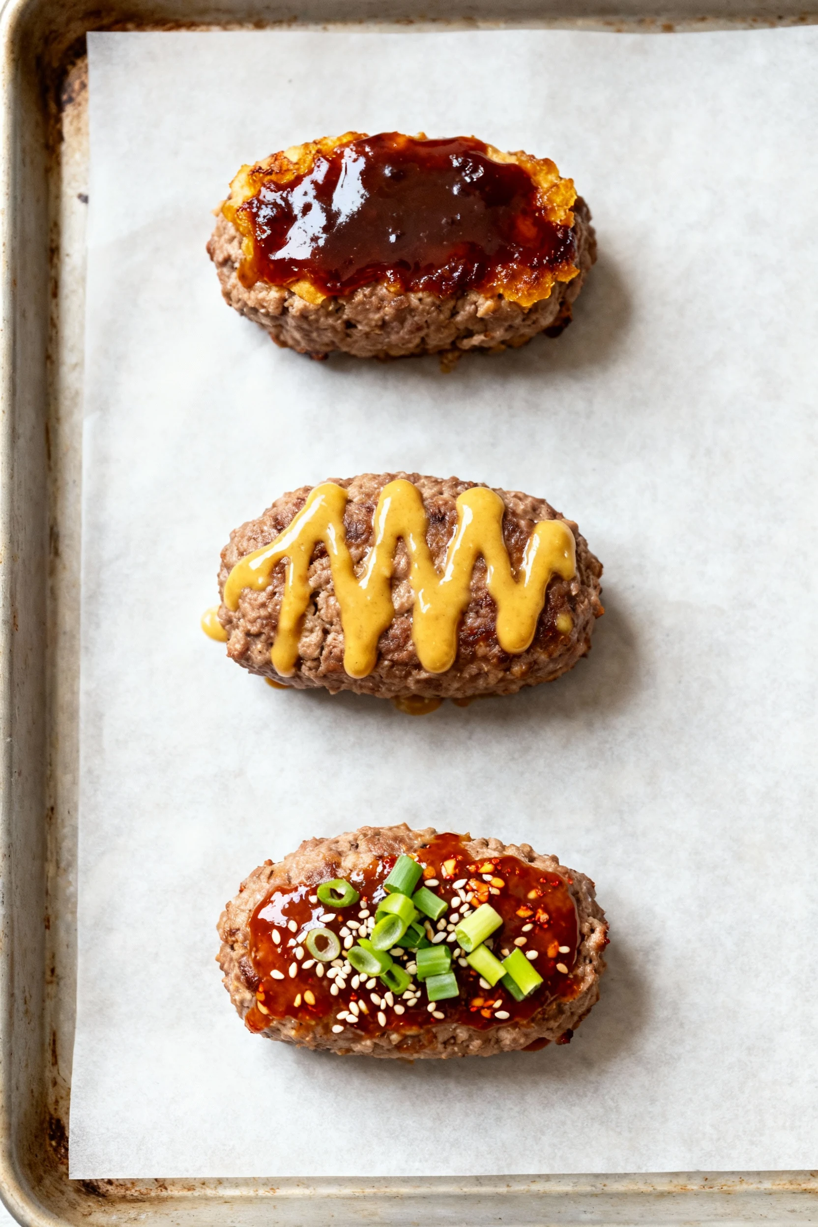 Top-down trio of mini meatloaves showcasing glaze variations—BBQ honey gloss with caramelized edges, honey-mustard drizz