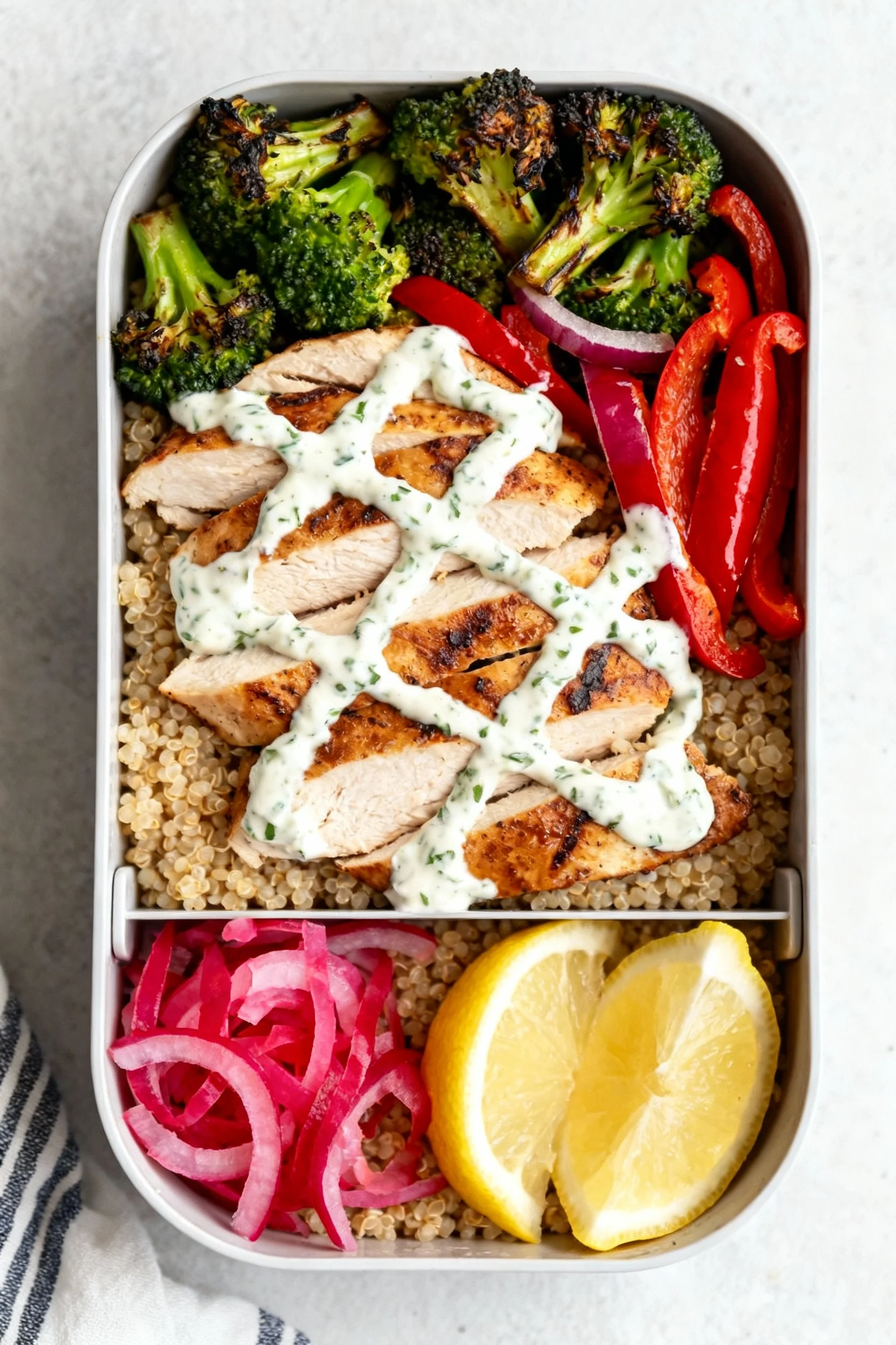 Overhead grain bowl: quinoa topped with roasted chicken slices, charred broccoli, red pepper, and red onion; crosshatch 