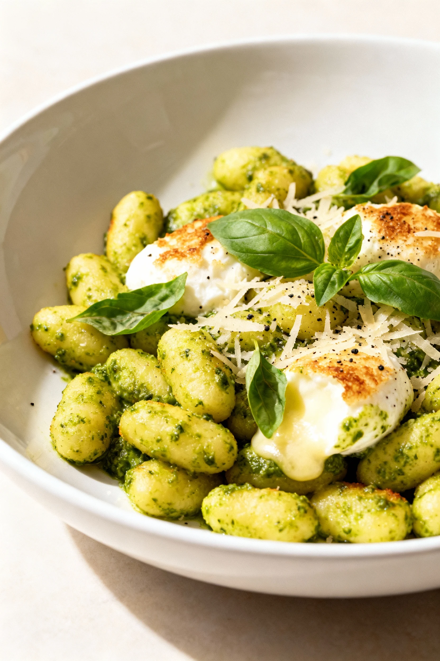 Final plated variation—pesto party: baked gnocchi tossed with vibrant pesto, pockets of melted mozzarella, toasted Parme