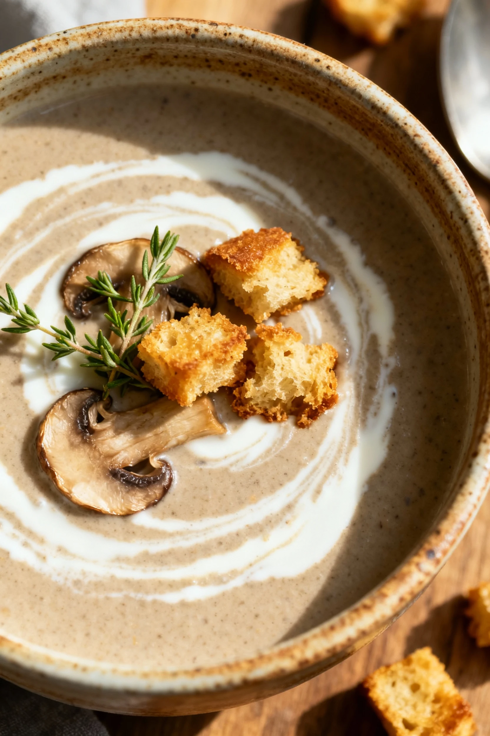 2. Overhead shot of creamy mushroom soup in a rustic ceramic bowl, swirled with coconut cream and topped with a sprinkle