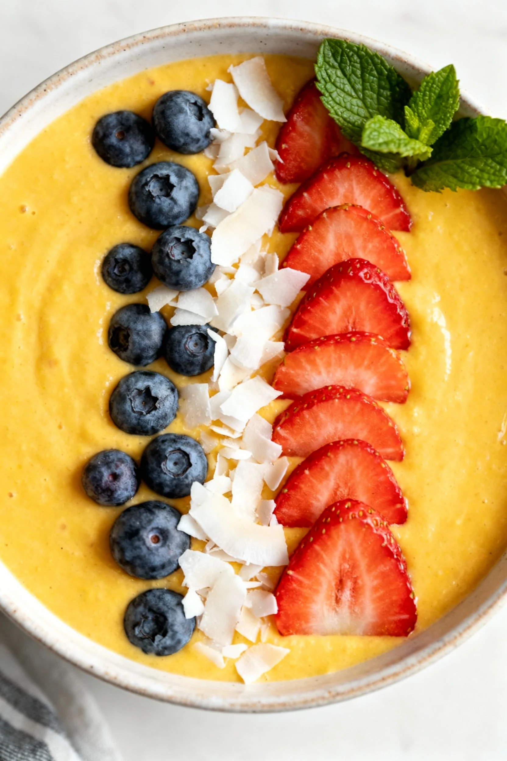 Overhead shot of a tropical mango-pineapple smoothie bowl, golden yellow base decorated with neat rows of sliced strawbe
