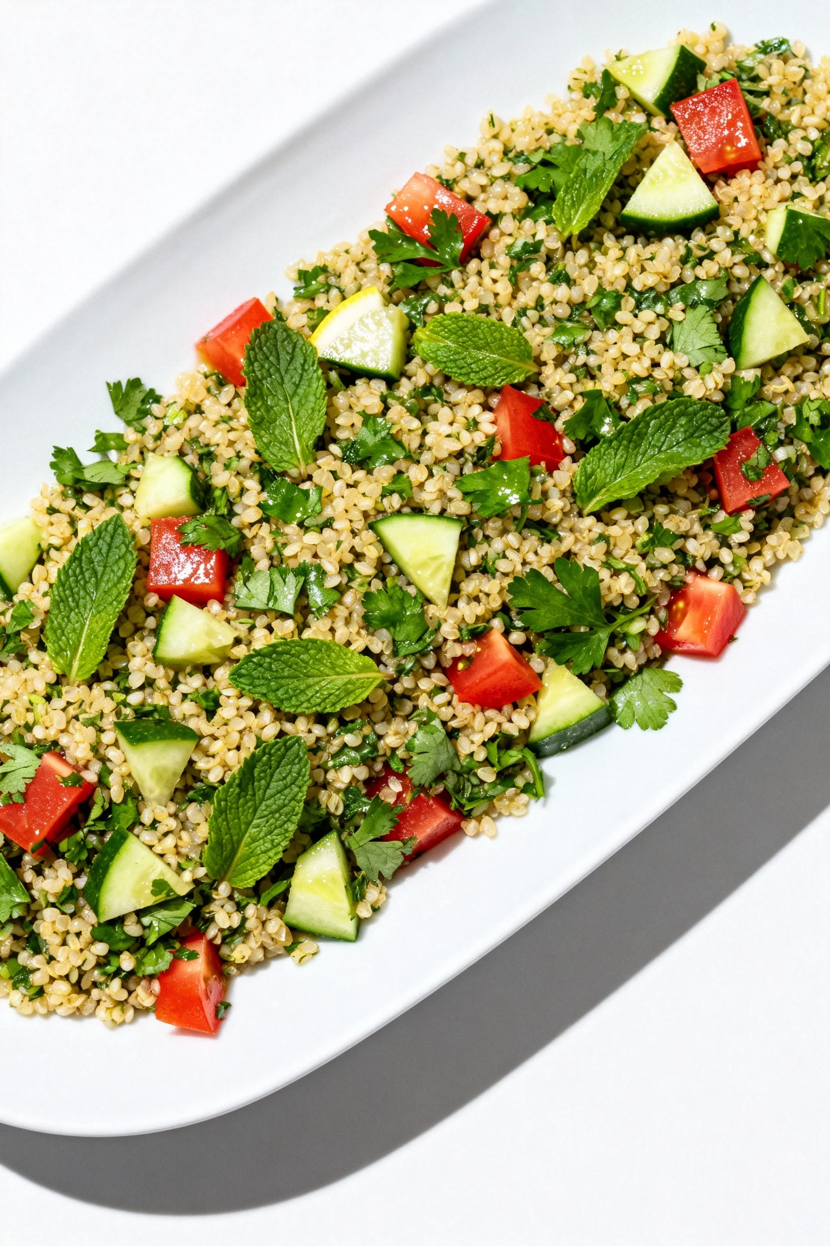 Overhead shot of vibrant tabbouleh salad tossed with bulgar wheat, finely chopped parsley, mint, cucumber, and diced tom
