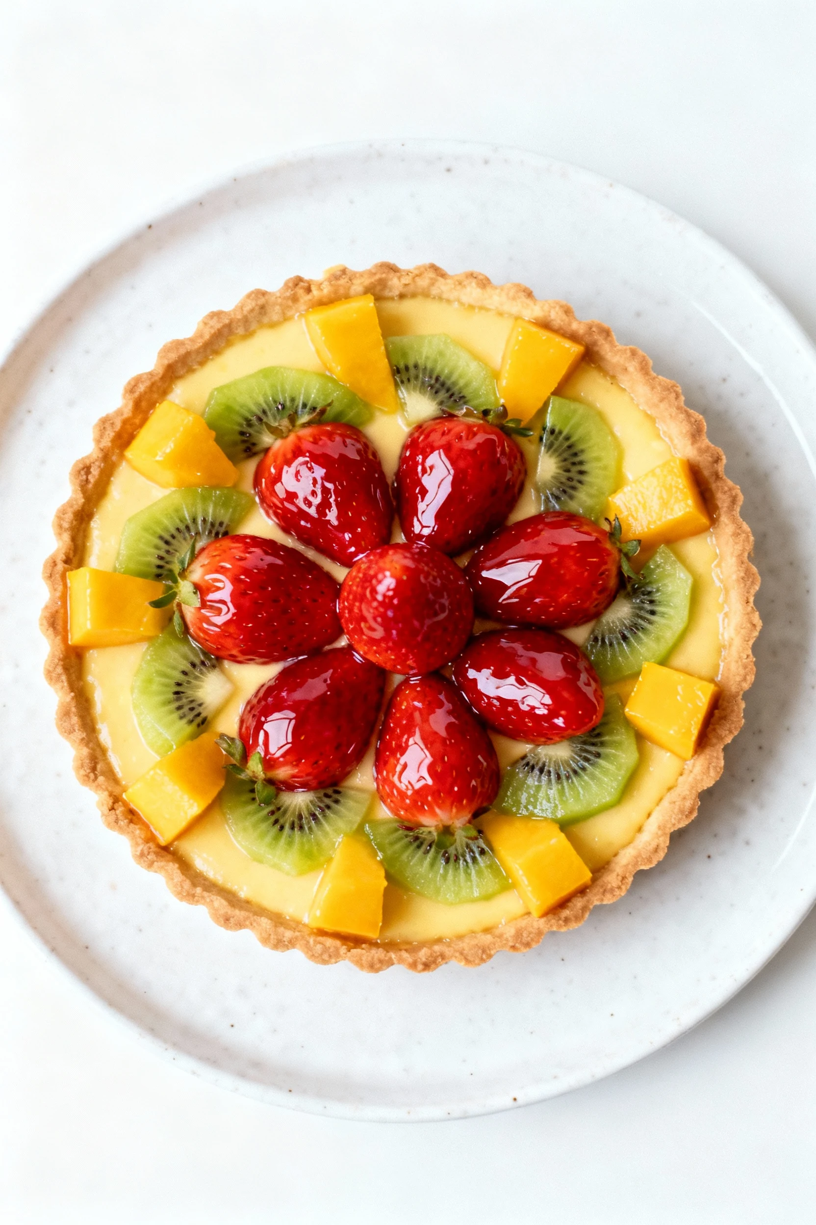 Overhead shot of a vibrant fruit custard tart topped with glossy glazed strawberries, kiwi slices, and mango chunks arra